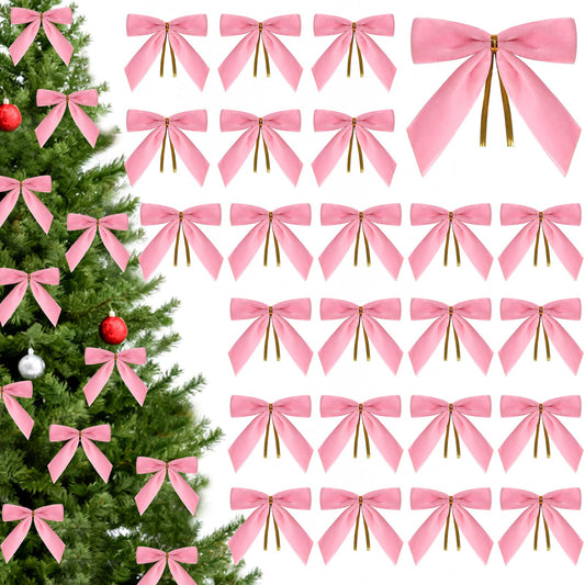 CCILAND 24 Pcs Pink Small Velvet Bows for Christmas Tree, 3.54 Inch Mini Christmas Bows for Gift Wrapping, Twist Tie Velvet Bows Xmas Ornaments for Wreath, Crafts, Party, Wedding