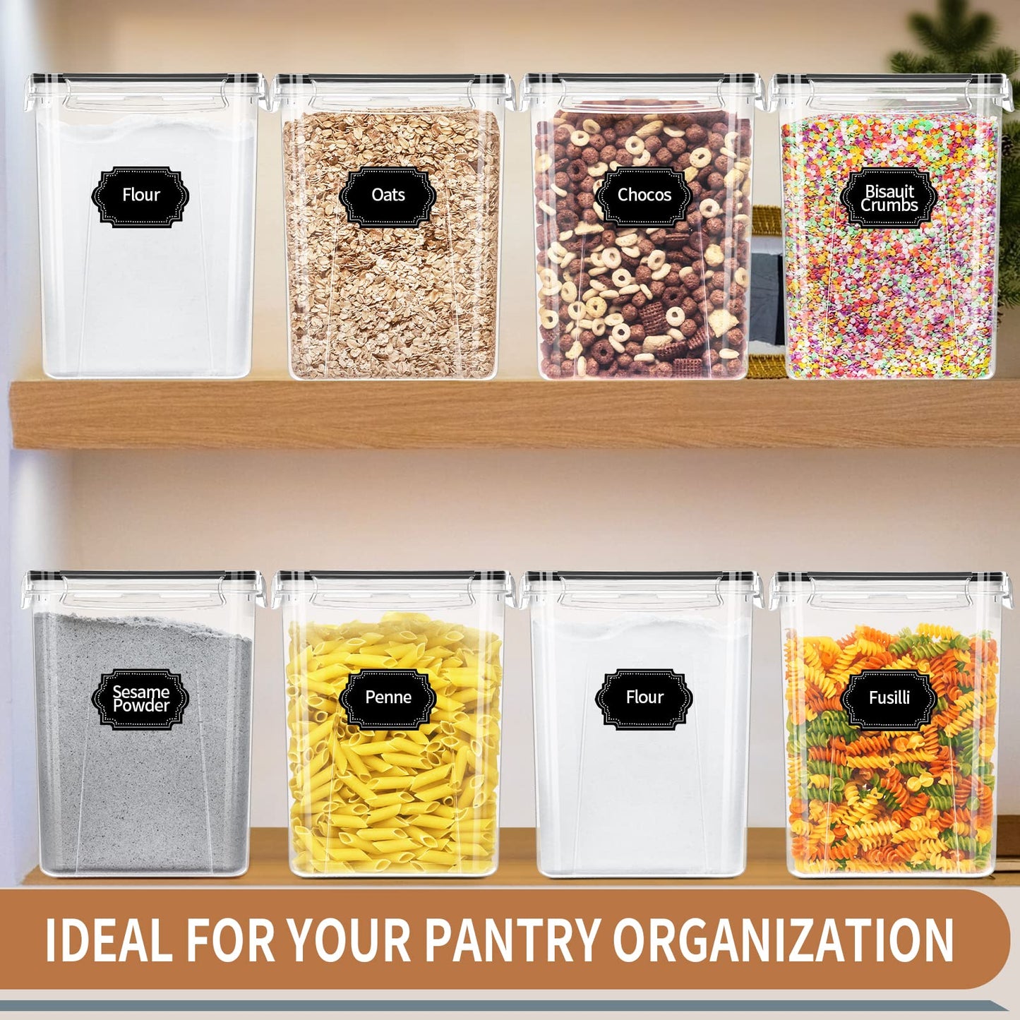 PRAKI Large Airtight Food Storage Containers 5.2L / 195oz, 4pcs Pantry Kitchen Organizers and Storage for Flour, Sugar, Baking Supplies, BPA Free, Plastic Flour Containers with 20 Labels & Maker