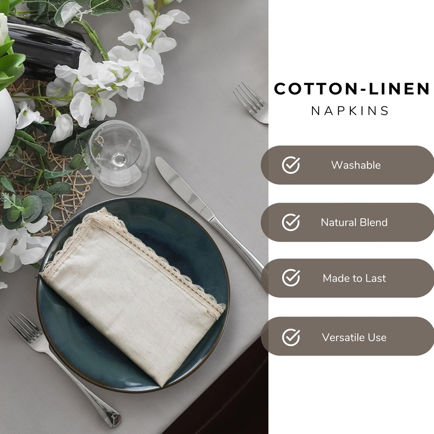 Ramanta Home Decorative Cloth Dinner Napkins Set of 4, 20x20 Inch Natural Lace Flax Cotton Napkins with Mitered Corners, Oversized Use, Parties, Weddings, Spring, Easter Cloth Napkins
