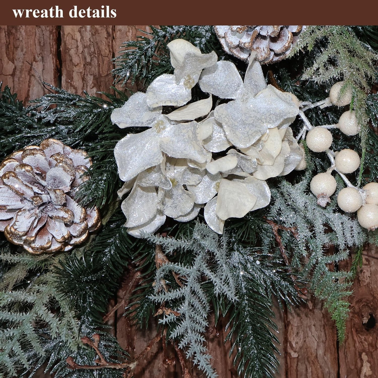 BINFEN 20” Glitter Pine Christmas Winter Wreath with Metallic Silk Hydrangea Pinecone & White Berry – Mixed with Norfolk Cypress Cedar & Spruce, Wreaths for Front Door Porch Mantel & Fireplace Decor