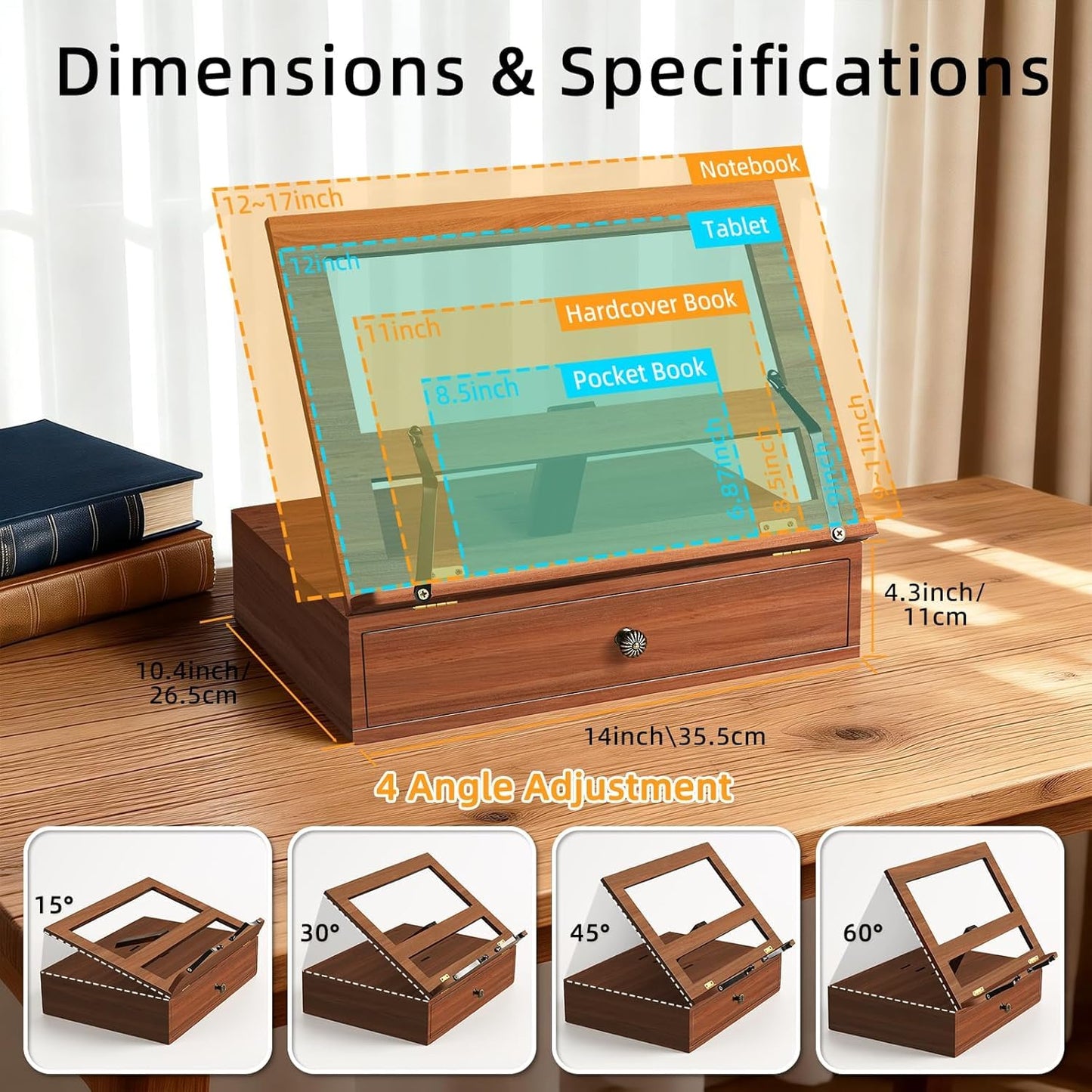 Book Stand with Storage, Book Holders for Reading Hands Free, Wooden Cookbook Stand with 4 Adjustable Height for Recipe,Magazine,Laptop,Tablet, Bible