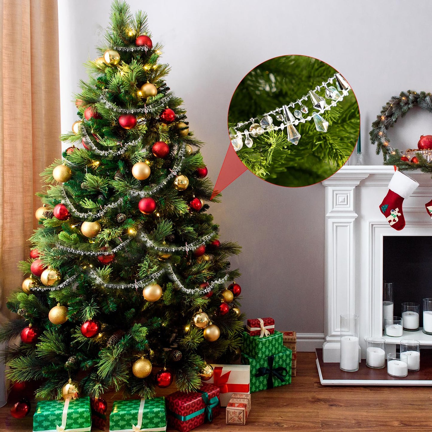 Christmas Tree Bead Decor, 16ft Clear Iridescent Bead Strands Garland Twist Beaded String for Christmas Tree Crystal Xmax Garland Decorations for Home Table Party Wedding Window Door(Silver)