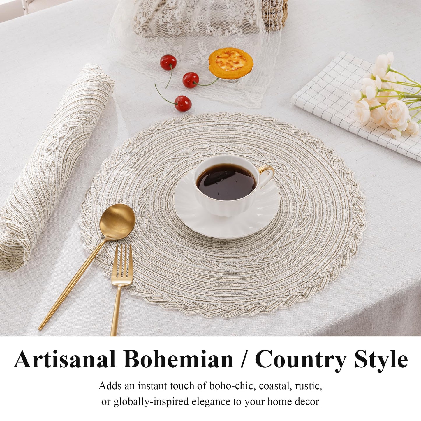 SHACOS Round Placemats Set of 6 Boho Braided Bordered Place Mats 15 inch for Dining Tables Wedding Holiday Party (Ivory Bordered, 6)