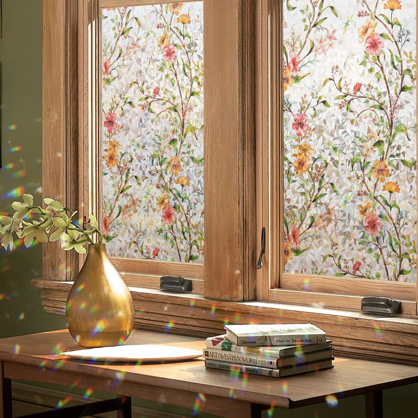Kromapolis Window Privacy Film Floral Rainbow Decorative Stickers, 3D Static Stained Glass Cling, Removable Cover for Home Heat Control Anti-UV, Car Sunroof Vinyl Decals Non-Adhesive, 17.5'' x 78.7''