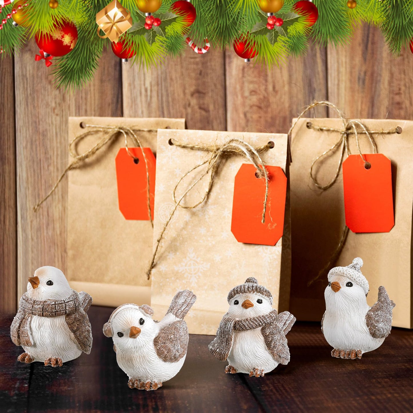 Cinnvoice 4 Pcs Wintry Resin Figurines Winter Christmas Bird Tabletop Figurine Decorations for Xmas Holiday Home Decor and Gifts (Cute)