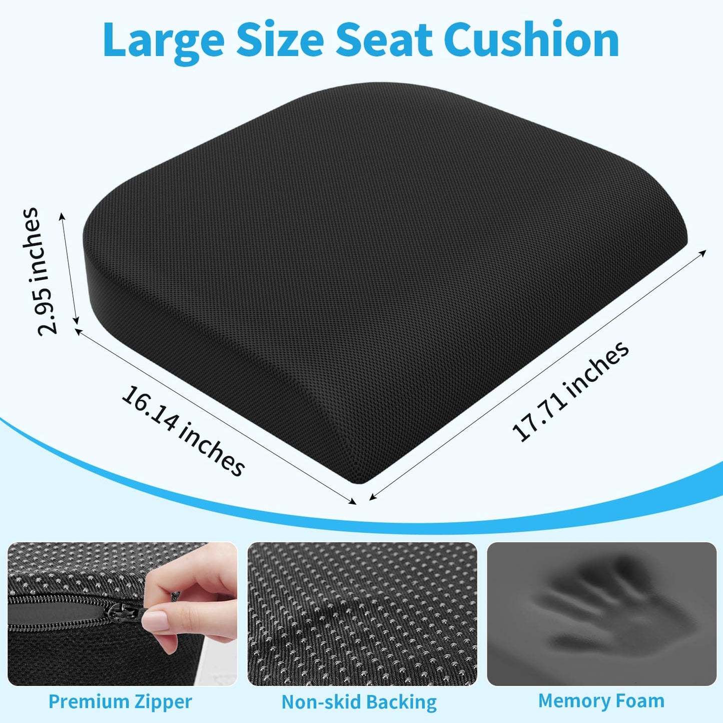 TranquilRelax Large Seat Cushion, Memory Foam Cushion for Long Sitting Hours on Office Chair, Car Seat, Non-Slip Chair Pad for Sciatica, Coccyx, Tailbone Pain Relief & Post-Surgery Recovery (Black)