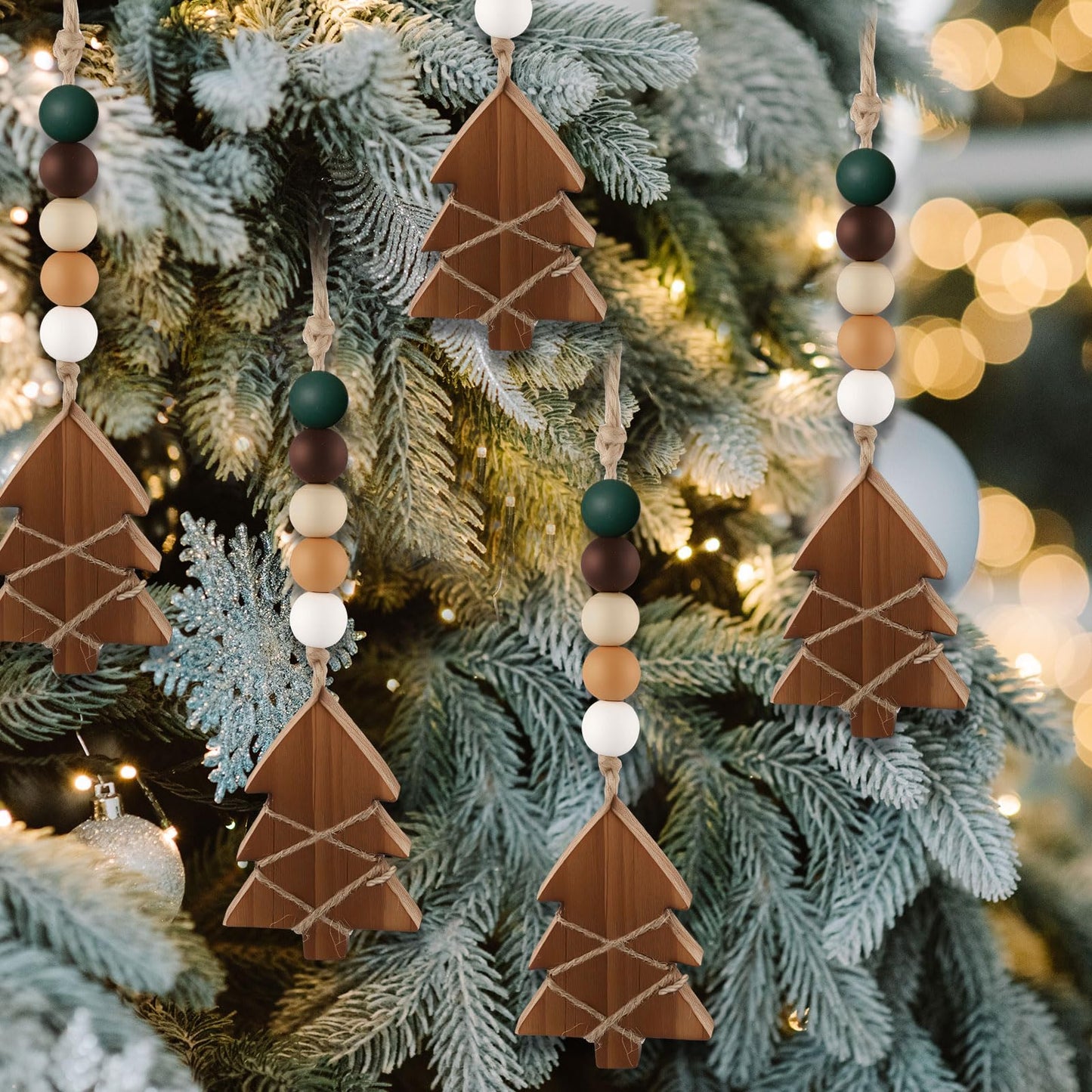 Civaner 6 Pcs Neutral Christmas Tree Hanging Ornament with Wooden Beads Rustic Wooden Boho Christmas Tree Decorations Bead Garland for Xmas New Years Holiday Farmhouse Gift Decor