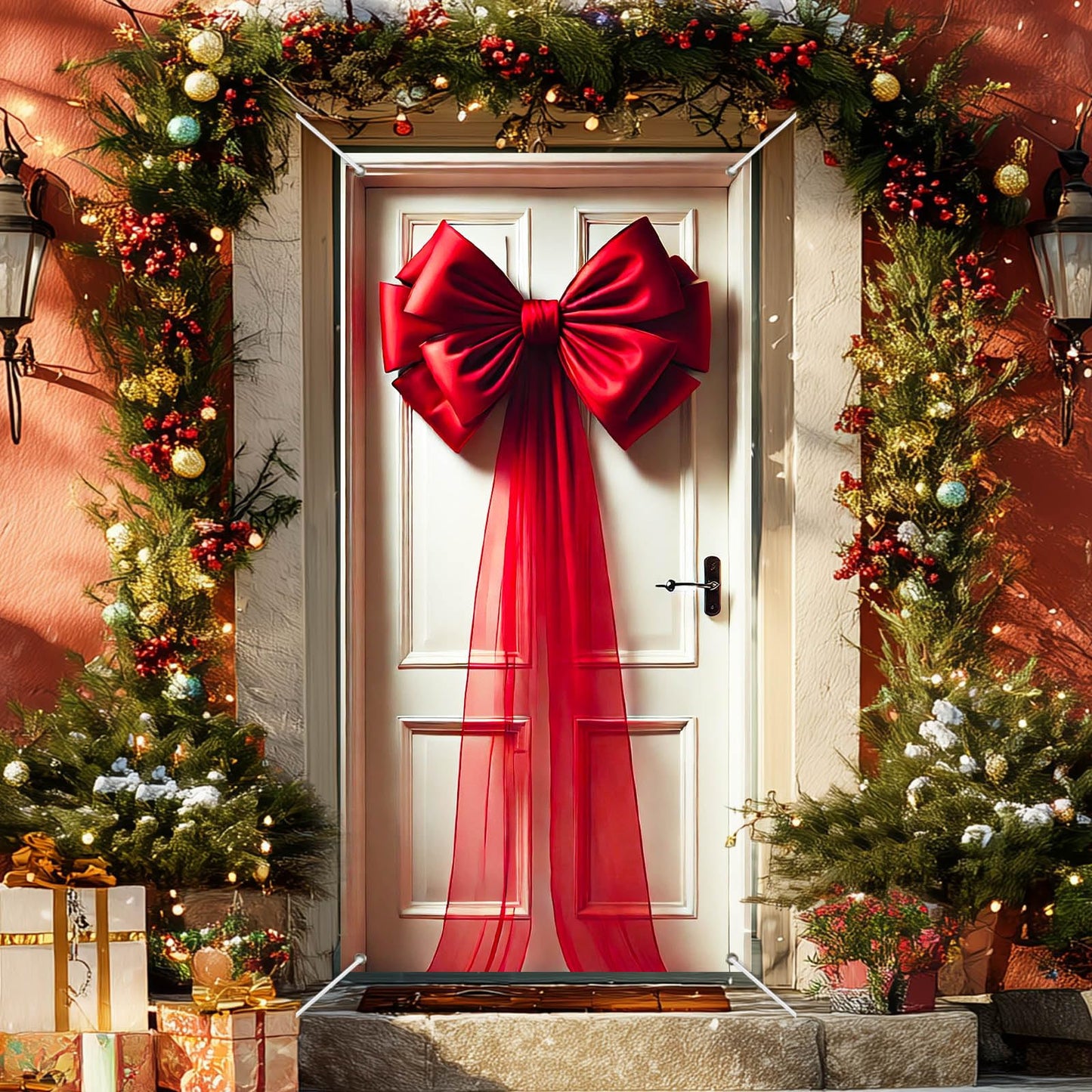 BlissYard Giant Red Bow Christmas Door Cover 35x71 Inch Holiday Entry Banner for Front Door Indoor Outdoor Winter Backdrop Wall Hanging Décor