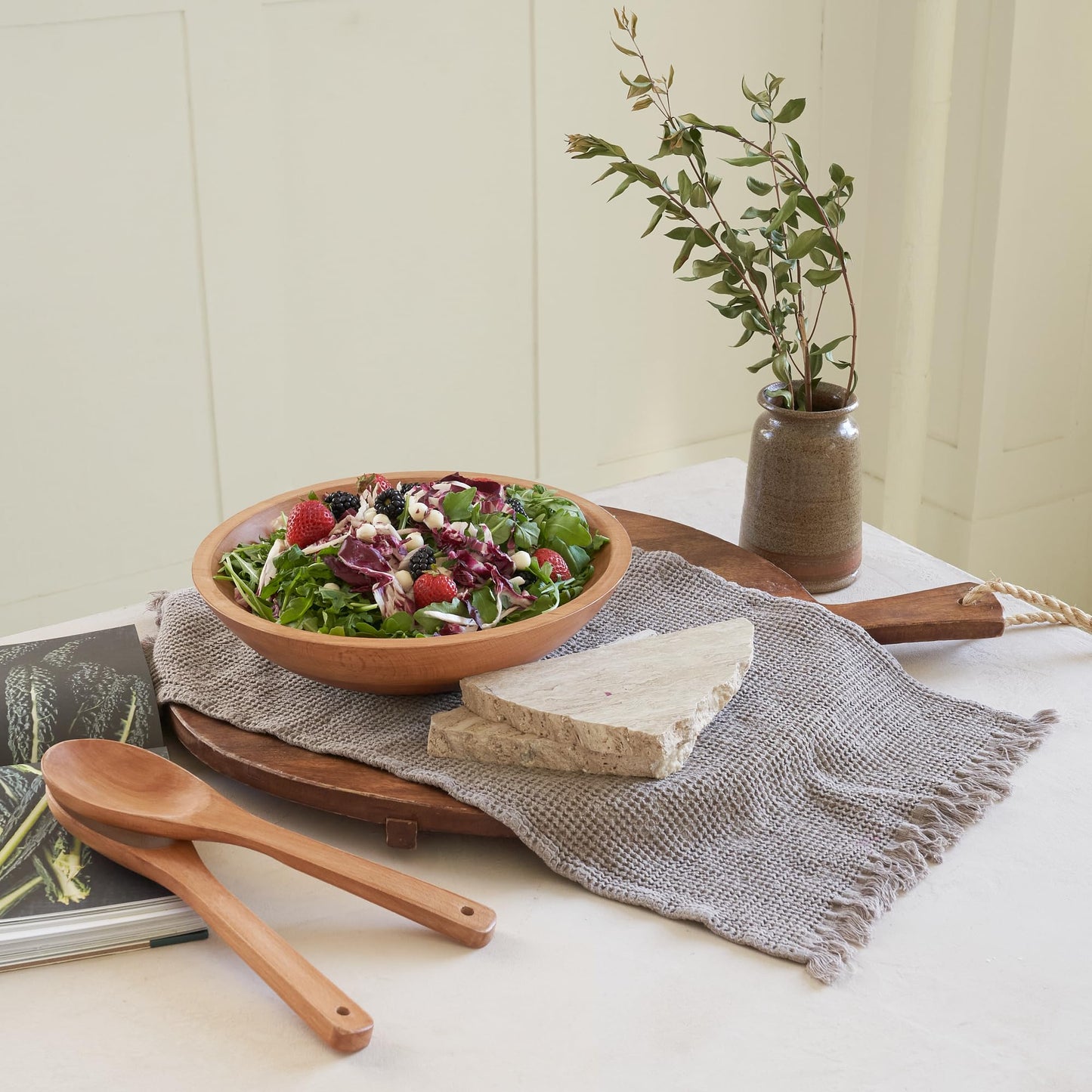 Extra Large Wooden Salad Bowl Set With Serving Utensils - A Beautiful Party Salad & Fruit Bowl With Serving Spoons Perfect for Your Dinner Party - Decorative & Practical Kitchen Must-Have