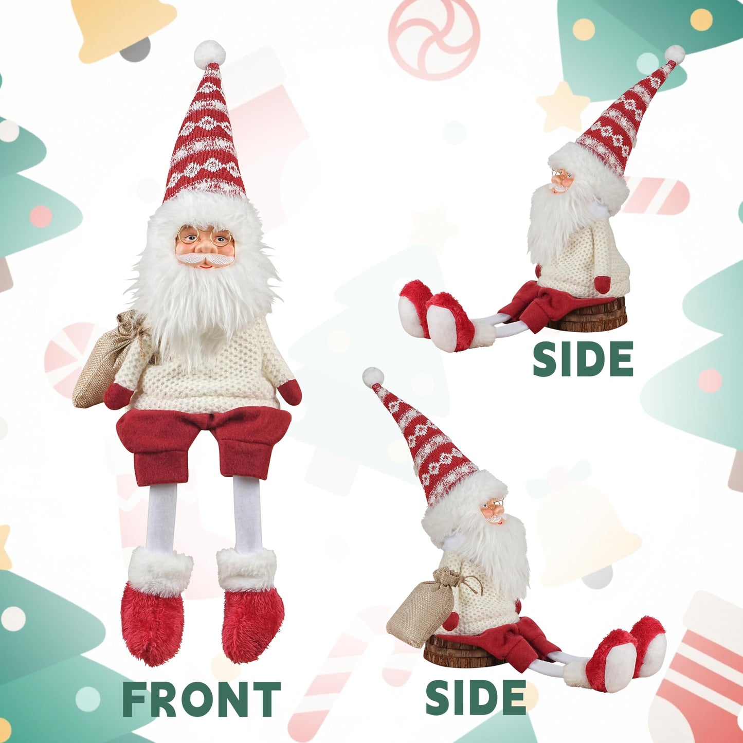 Dedrian11 Sitting Santa Claus Decor 24’’ Shelf Sitter Christmas Figurine with Dangling Legs, Plush Santa for Mantel Fireplace Tabletop, Poseable Arms, Weighted Bottom