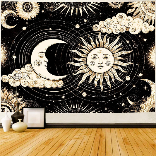 Delur Sun and Moon Tapestry Black Dark Boho Spiritual Burning Sun Tapestry Wall Hanging Mystic Aesthetic Cloud Abstract Star Psychedelic Headboard for Bedroom Living Room Home Decor (51.2" x 59.1")