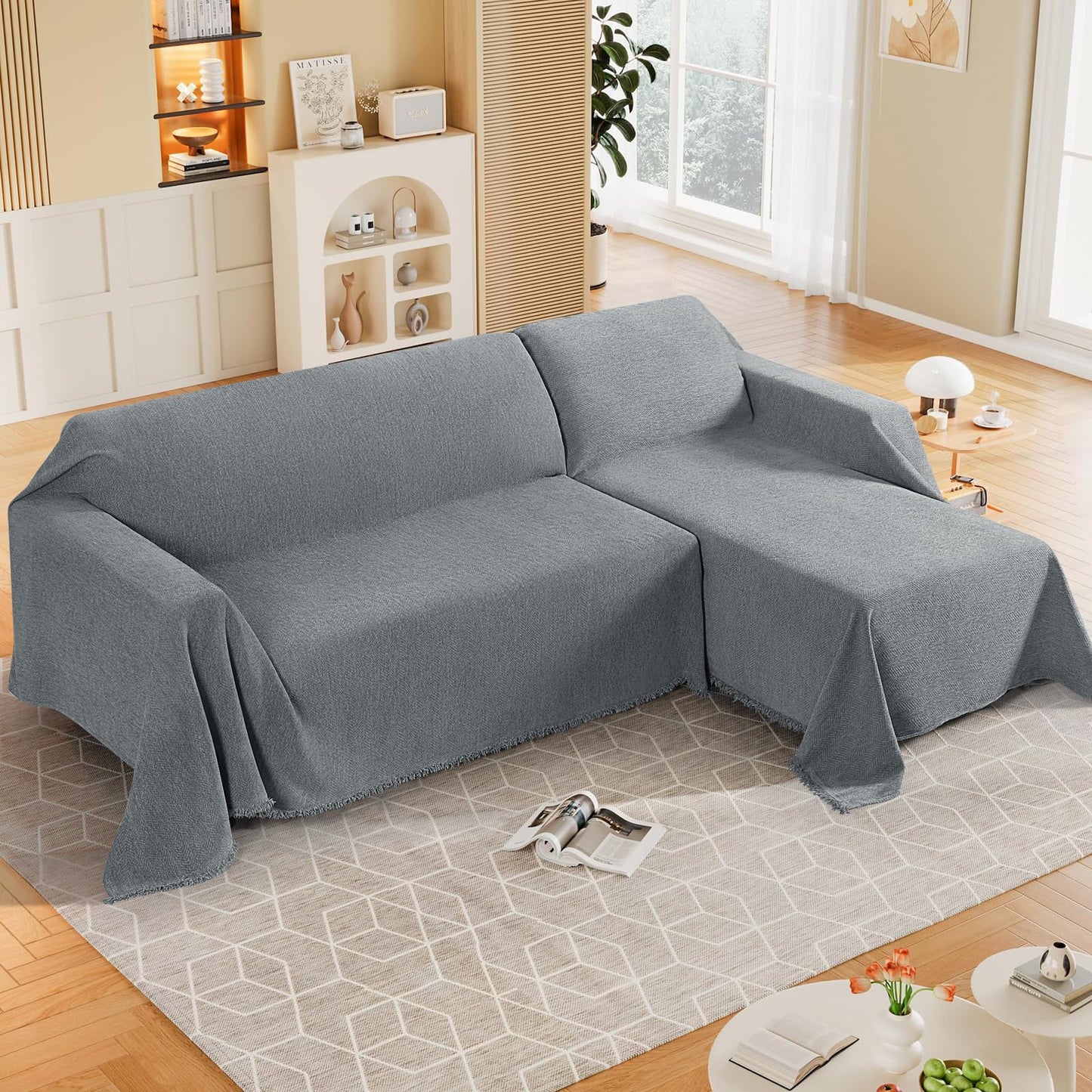 KinCam Couch Covers for 3 Cushion Couch Sofa Cover Washable Sectional Couch Cover for Dogs Tassel Sofa Blanket Cover Pet Friendly Soft and Durable for Most Furniture(71" x 134", Grey)