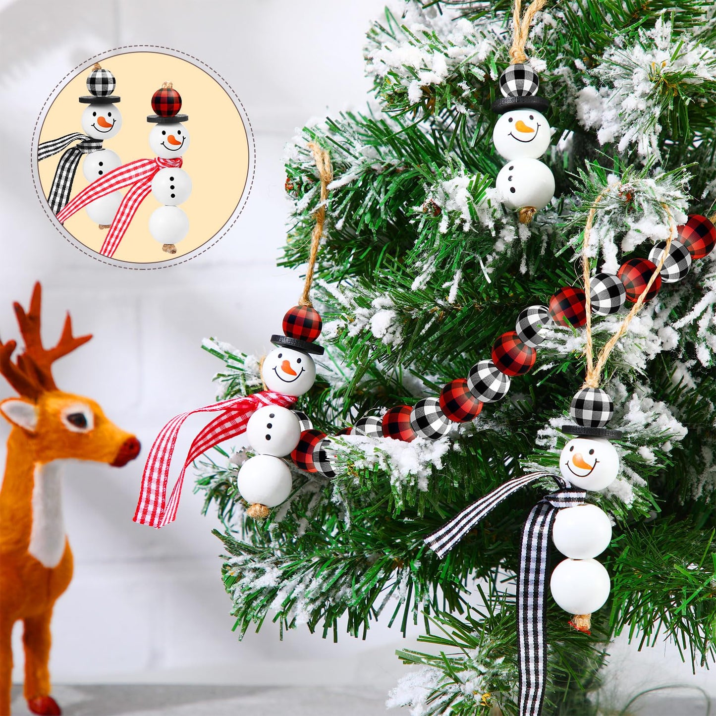 Landical 180 Piece DIY Christmas Snowman Wooden Bead Crafts Christmas DIY Ornaments Red Black Buffalo Plaid Wood Round Bead Xmas Print Wooden Beads with Twine Scarf for Crafts