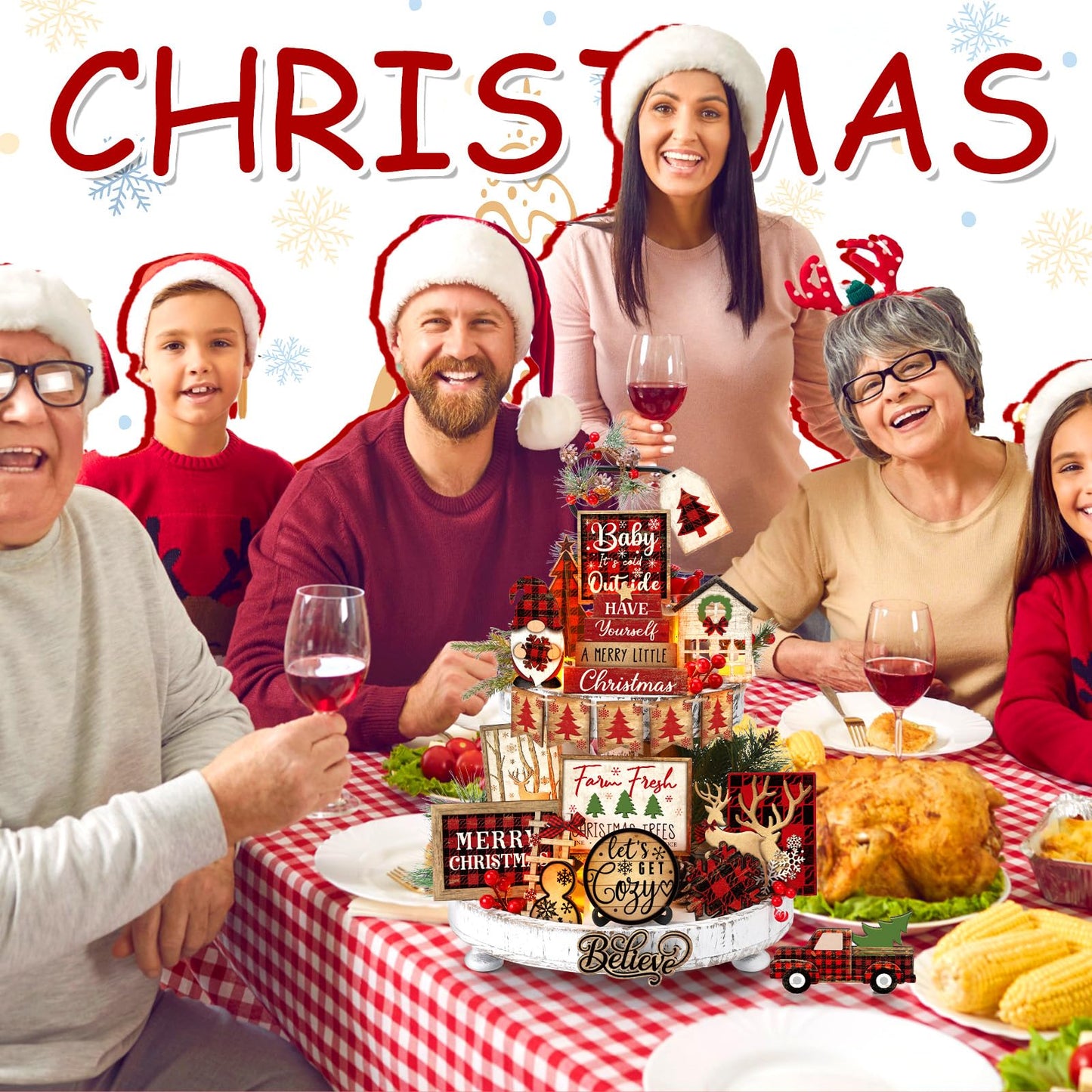 Shellwei 24 Pcs Christmas Tiered Tray Decor Wood Rustic Christmas Decoration for Home Table Shelf Winter Farmhouse Decor Xmas Trees Gnome Elk Snowflake Signs (Buffalo Plaid)