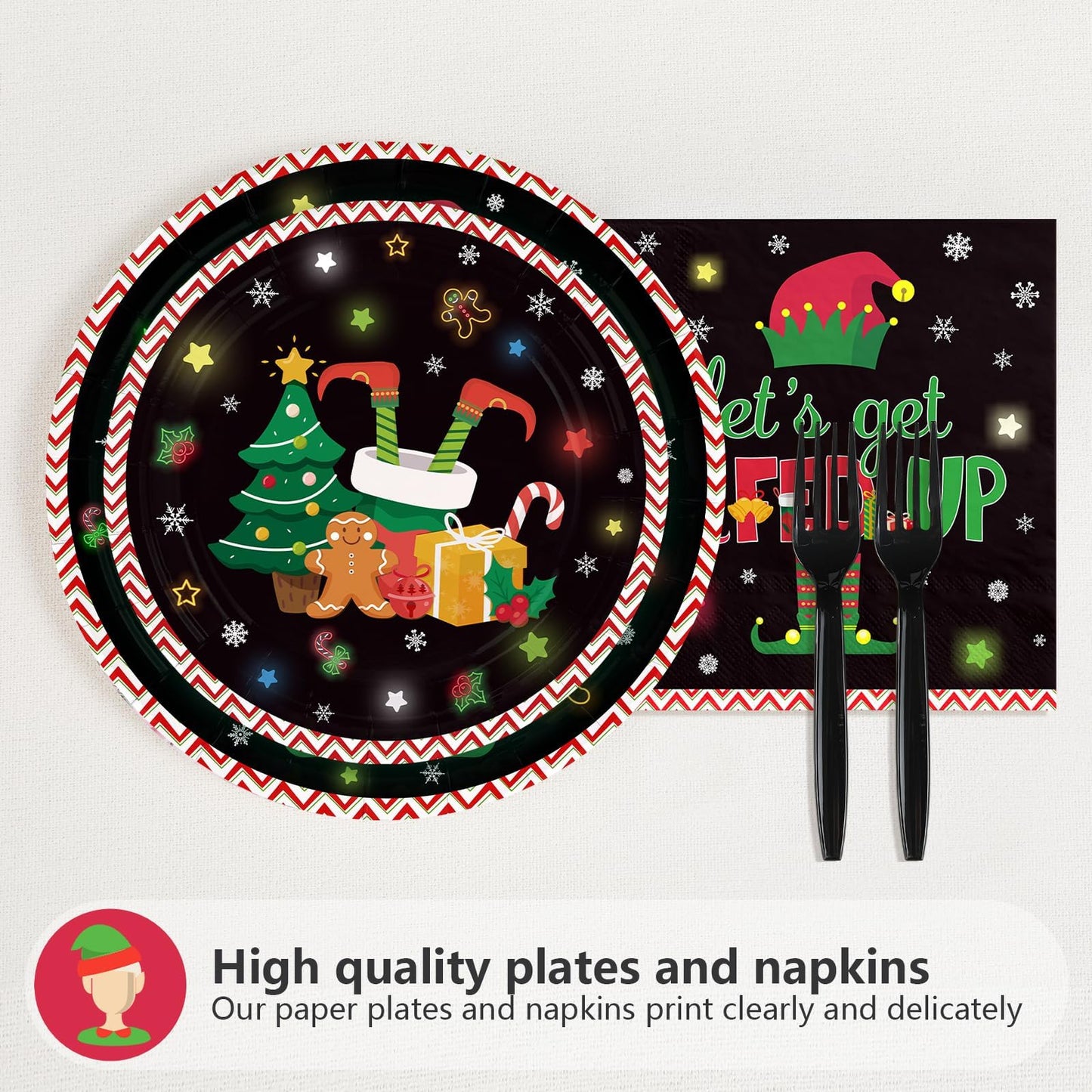Greencian 96Pcs Winter Let's Get Elfed Up Party Decorations Santa Elf Paper Plates and Napkins Merry Christmas Disposable Tableware for Xmas Elf Party Decorations Supplies Serve 24