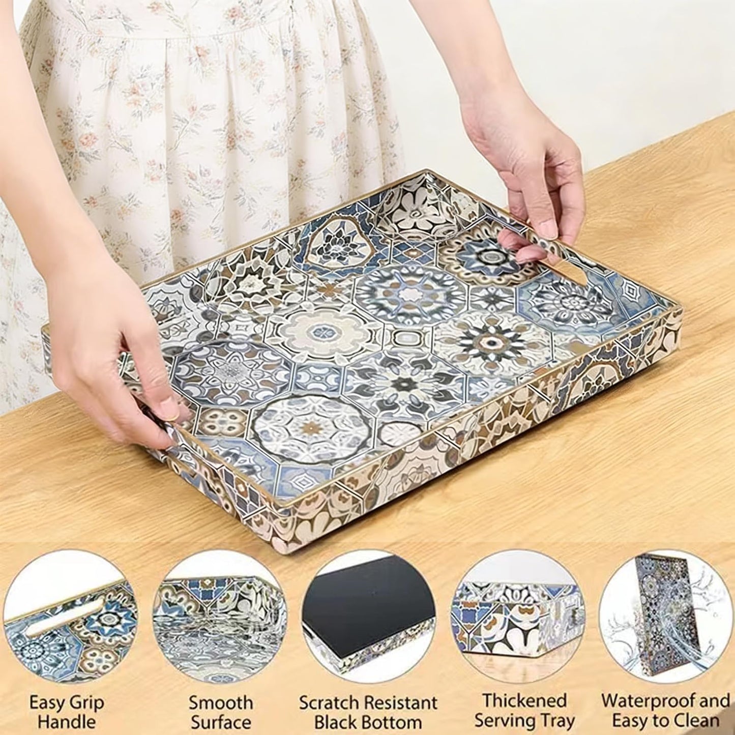 Fuukou Large Serving Tray with Handles,Rectangle Plastic Serving Tray,Bohemian Blue Ottoman Trays Coffee Table Trays for Living Room,Decorative Tray for Coffee Table 16" x 12"