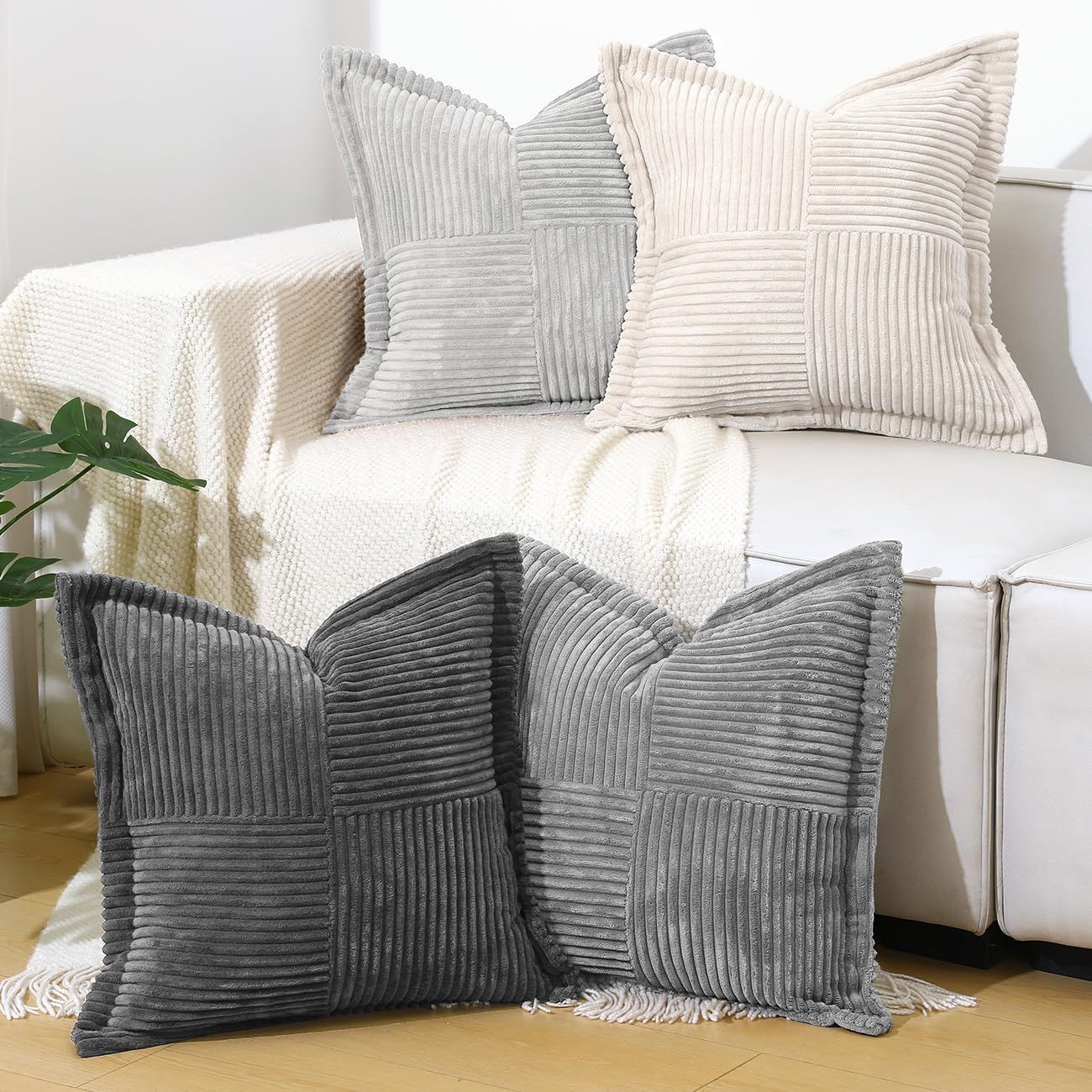 Lewondr Corduroy Throw Pillow Covers 18×18 Inch, 4 Pack Soft Square Throw Pillow Cases, Decorative Boho Striped Couch Pillow Covers for Living Room Bedroom Sofa Bed Office Cushion Cover, Gray