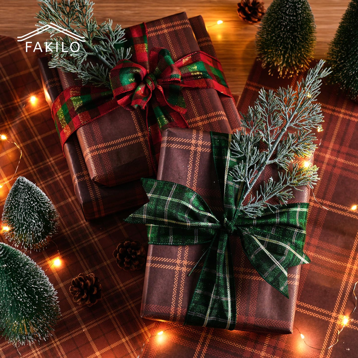 FAKILO Christmas Wired Ribbon 2-1/2 inch x 10 Yards Gold Red and Green Gingham Buffalo Plaid Tartan Christmas Ribbon for Tree Wreath Decor Gift Wrapping Topper Bow Making