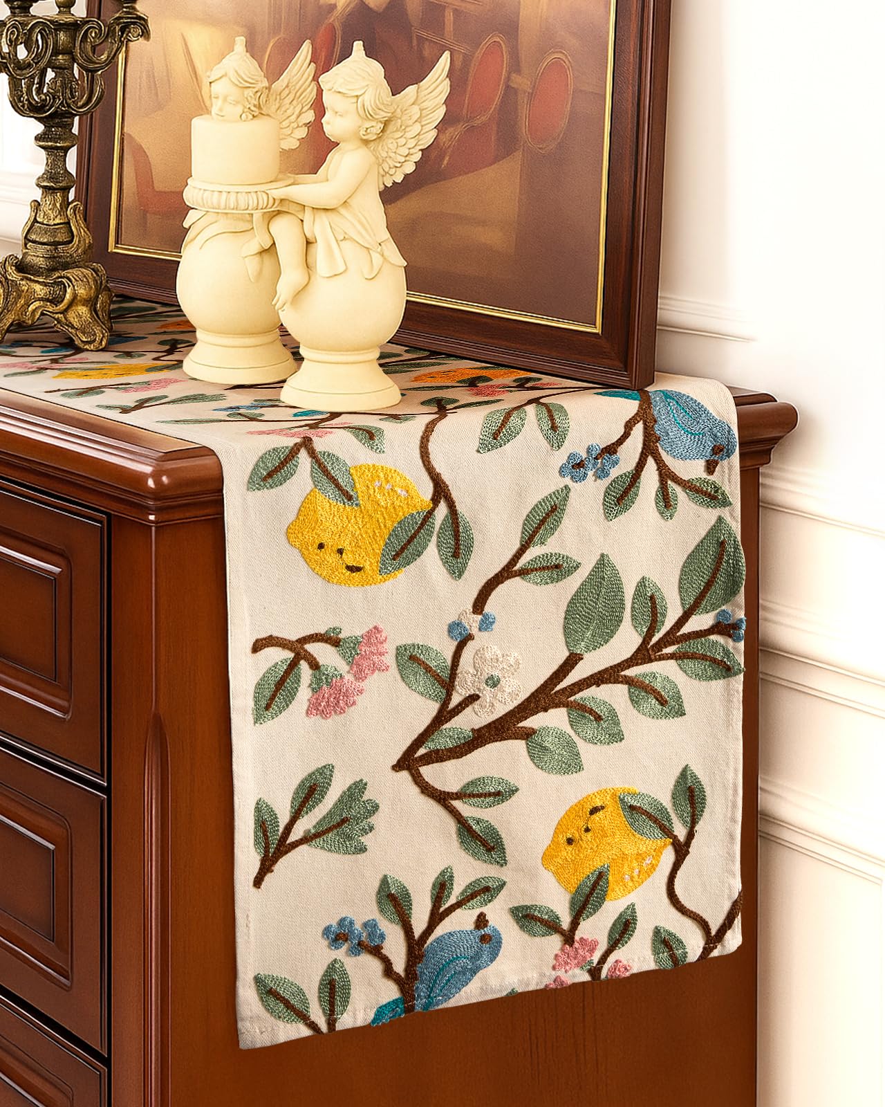 Kokaaee Canvas Embroidered Table Runner - 13"x 72" Coffee Table Runner for Living Room Narrow Tablerunner for Dining Room Washable Farmhouse Kitchen Island Counter Decor Housewarming Gift, Lemon Bird