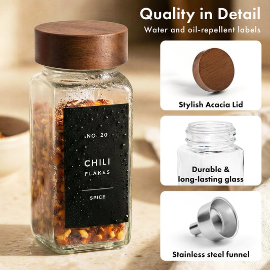 EDELHAUS® Square Spice Jars with Acacia Wooden Lid (Pack of 24) Spice Jars with Shaker Insert and 240 Labels - Acacia Lids Glass Container for Spice Organisation [4.3 in × 1.8 in]