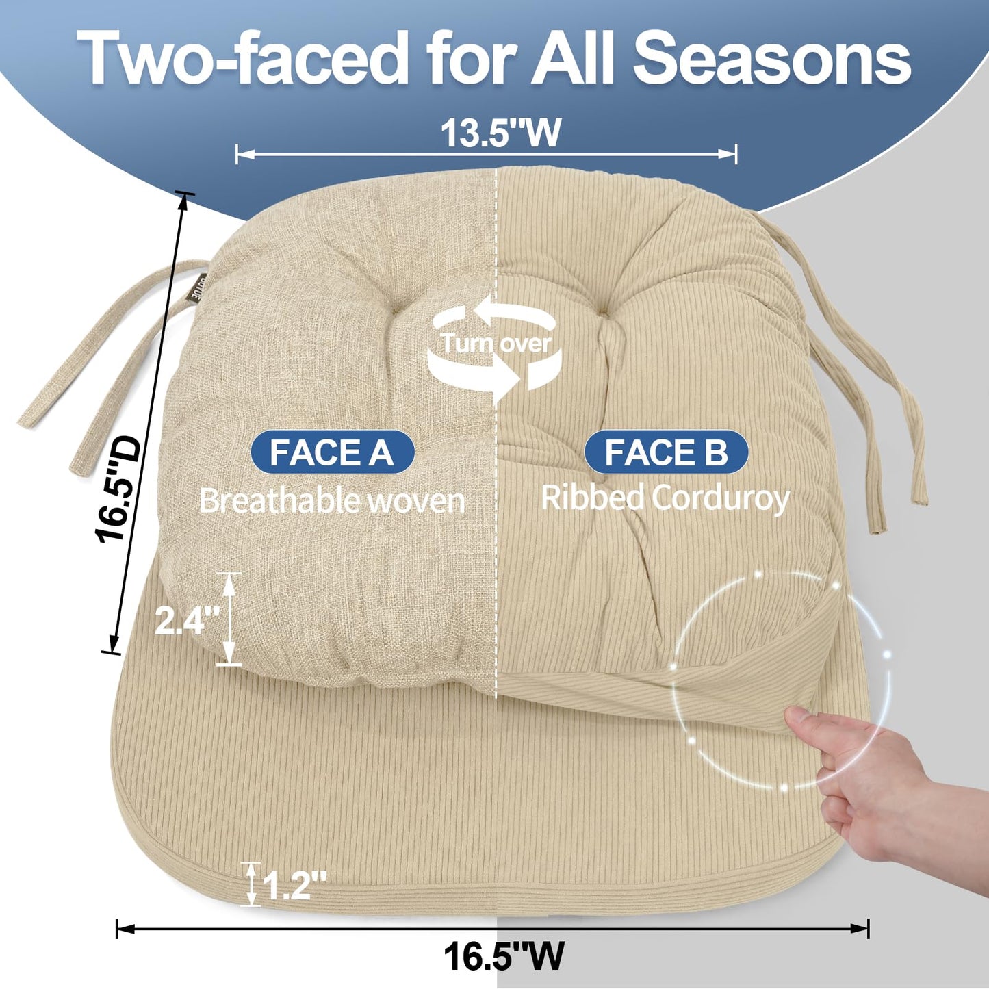 BUYUE Double-Layer Thickened Chair Cushion for Dining Chair, Natural Latex Foam Support, 2-Faced Reversible Kitchen Seat Cushion, Practical Non-Slip Chair Pad, 1 PC, Beige