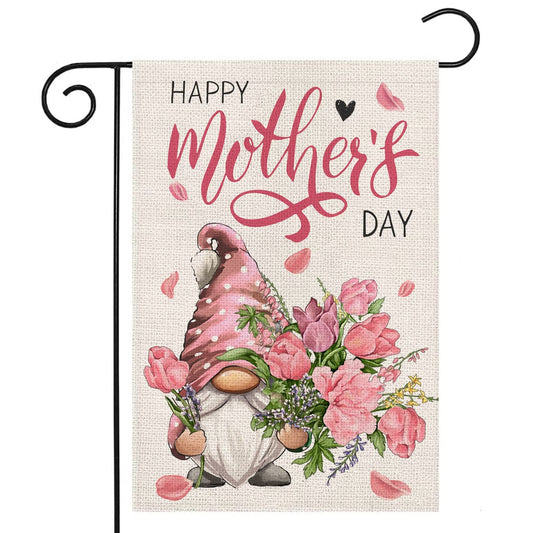 Happy Mother's Day Garden Flags for Outside 12x18 Inch Double Sided,Gnome with Carnation Flowers Small Yard Flags,Gift for Mom Grandmom Spring Decoration for Farmhouse Patio Outdoor