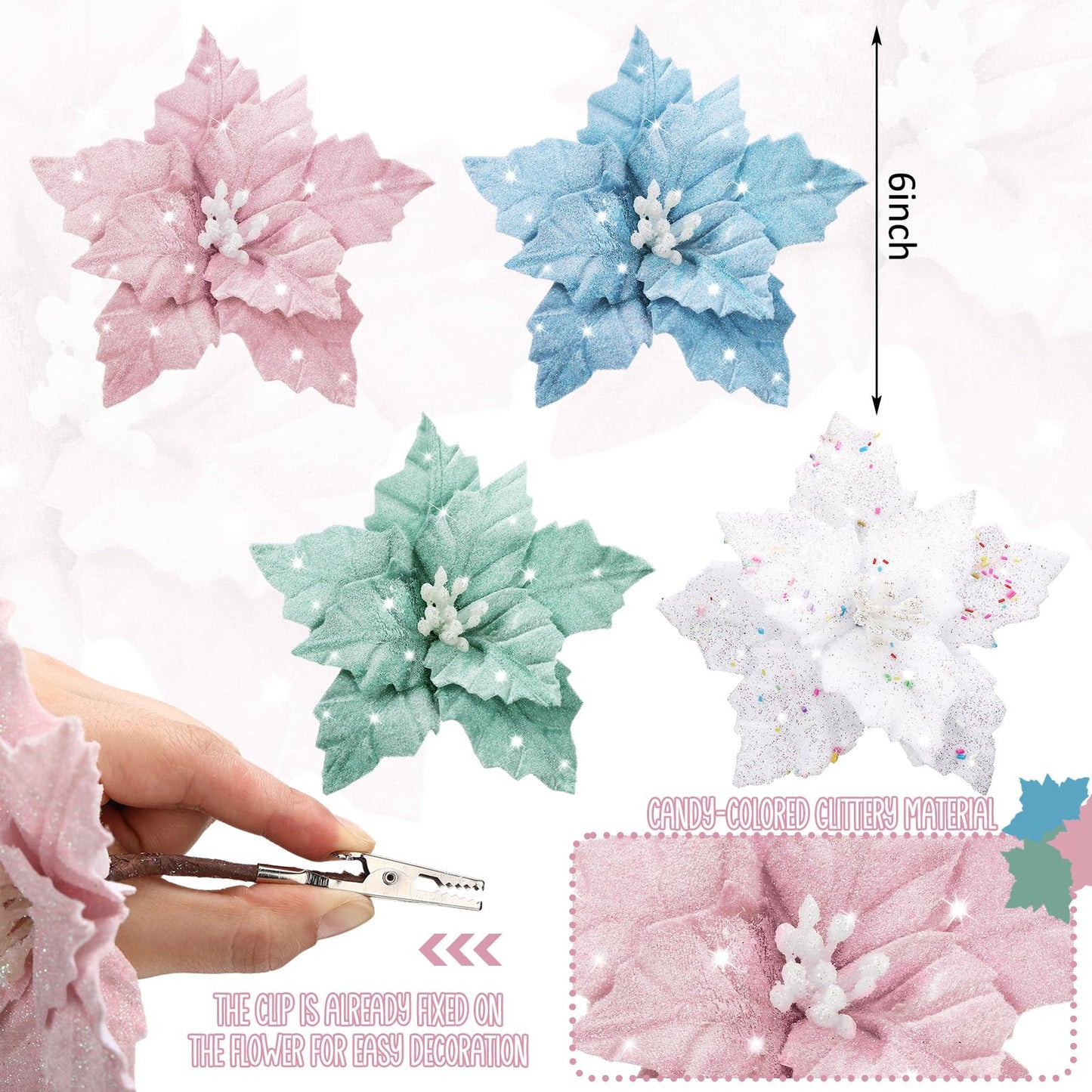 Thiccywoov 12 Pcs Christmas Tree Pastel Poinsettia Christmas Candyland Decorations Glitter Flowers 6" Xmas Tree Decorations with Clips Stems Xmas Ornaments for Wedding Party Wreath Decoration