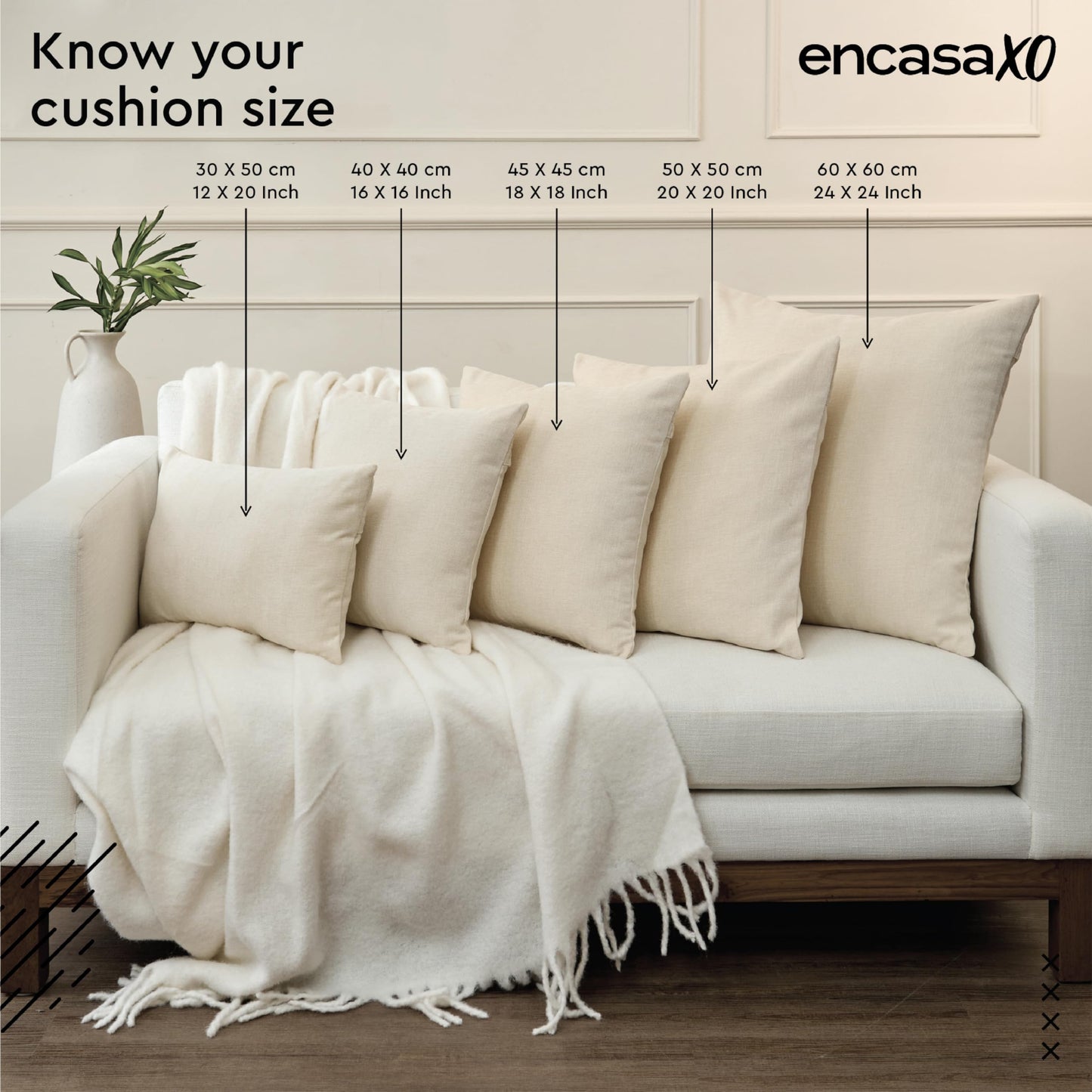 Encasa XO Throw Pillow Covers 18x18 in Set of 2 Natural | No Inserts | Cotton Pillow Covers for Living Room, Bed, Sofa, Couch | Decorative Cushion Covers with Improved Zipper