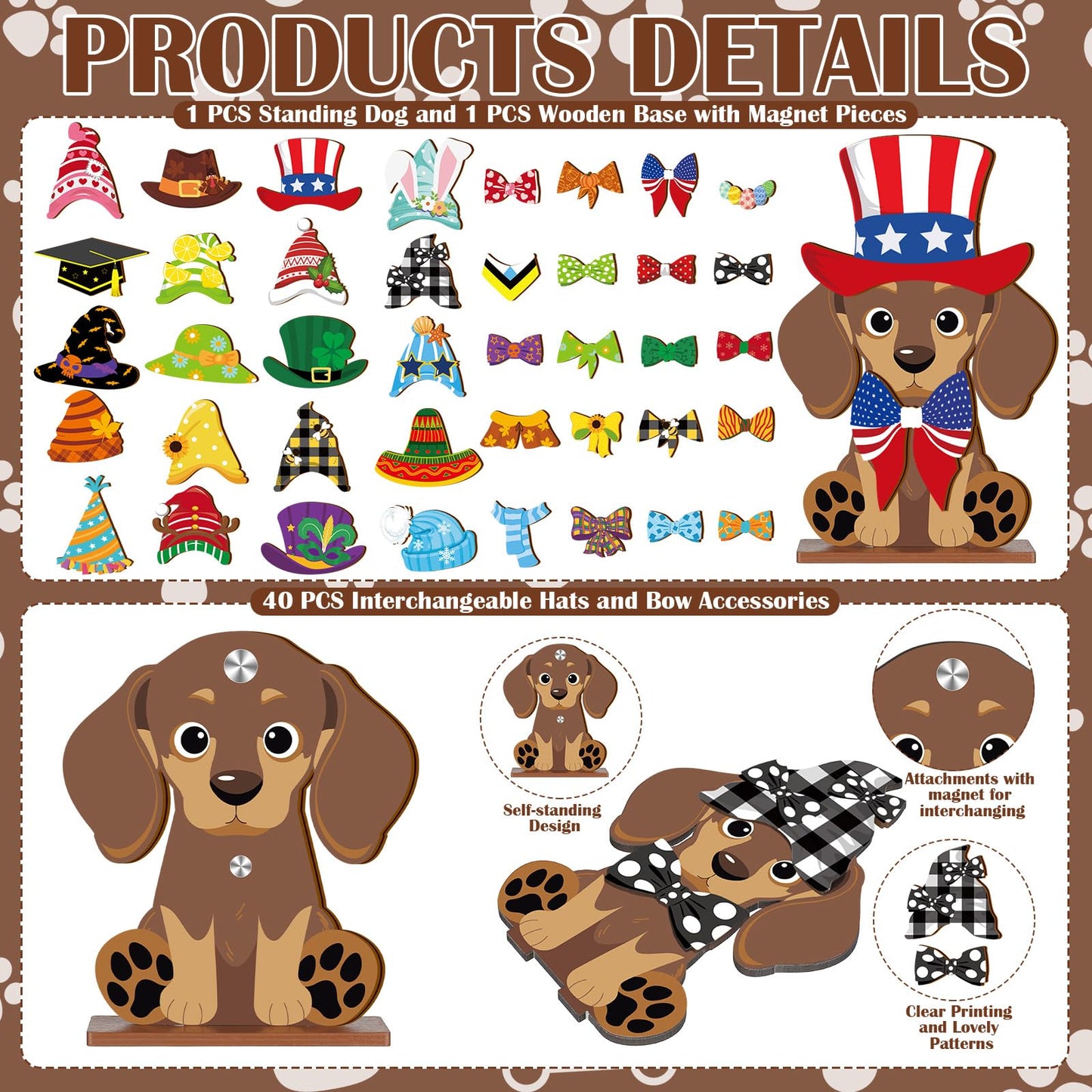 Anglechic 42 Pcs Small Interchangeable Dog Sign Holiday Summer Decor Seasonal Table Centerpiece Farmhouse Rustic Magnetic Desk Accessories Wooden Home Office Room Welcome Tiered Tray Decoration Gifts