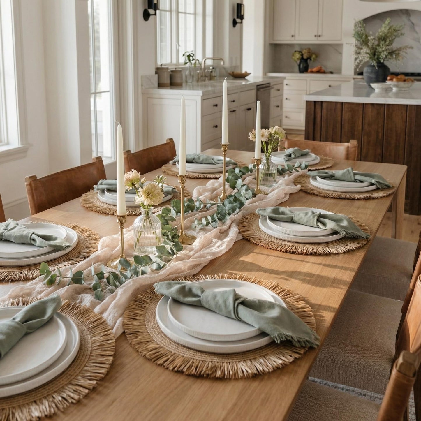 Decorative Boho Table Placemats Set of 6 with Matching Linen-Textured Napkins - Beautiful Natural Decor Elevates Your Dining Room or Kitchen Setting - Easy to Style & Mix with Linen Inspired Material