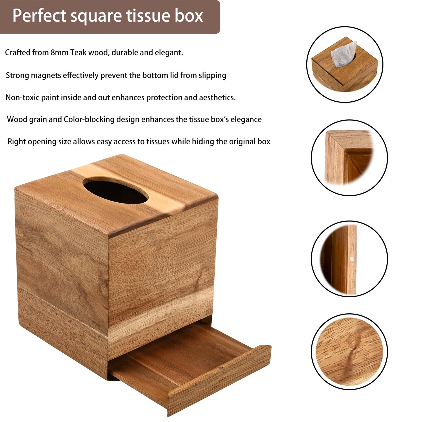 Chicvilla Tissue Box Cover Square, Acacia Wood Tissue Box Holder with Slide-Out Bottom, Wooden Tissue Box Cover Cube for Bathroom, Bedroom, Dinner Table, 5.5 x 5.5 x 6.1 inches