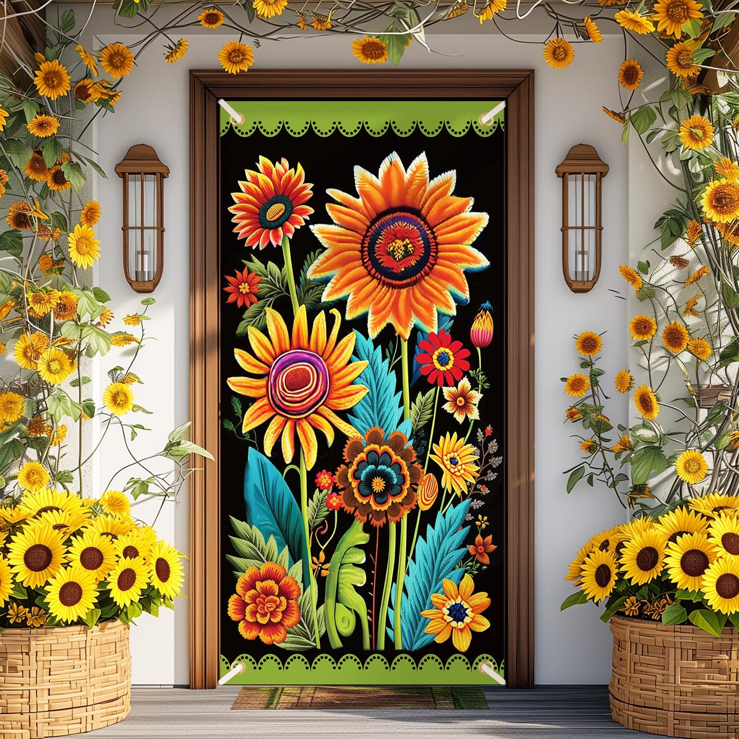 Spring Sunflower Door Banner - Black, Seasonal, Porch, Front Door Cover Background for Autumn, Fall, Outdoor, Home, Garden, Holiday