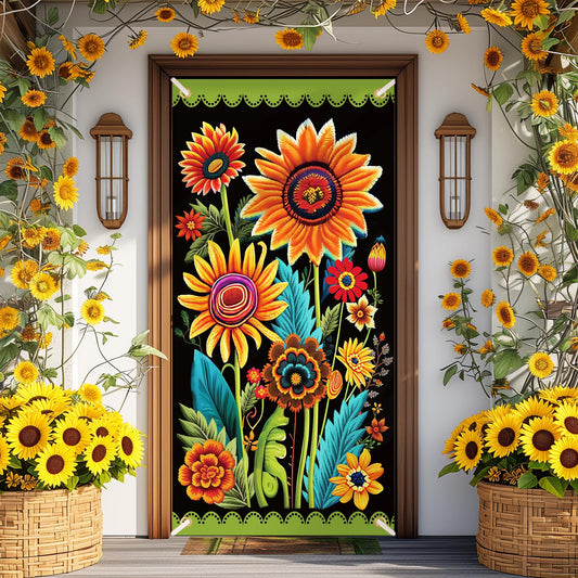 Spring Sunflower Door Banner - Black, Seasonal, Porch, Front Door Cover Background for Autumn, Fall, Outdoor, Home, Garden, Holiday