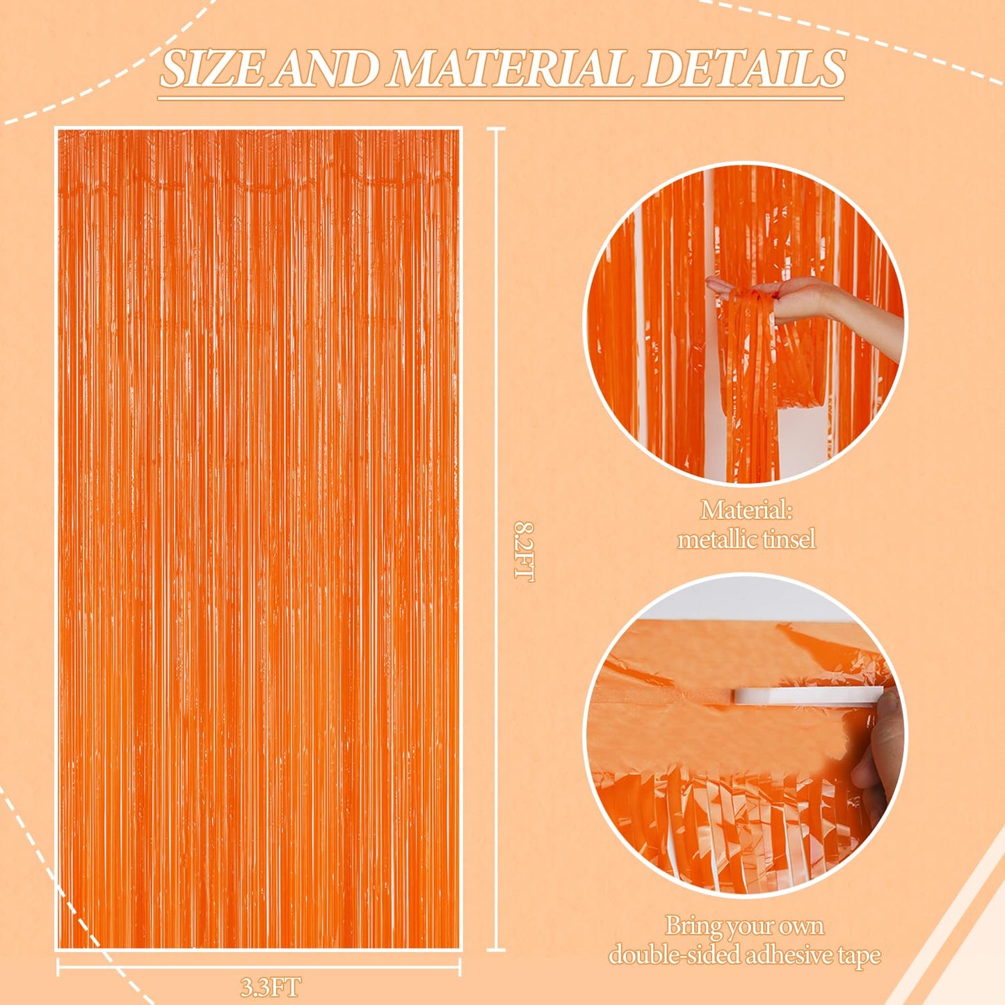 DECOCKRAT 3 Pack Foil Fringe Backdrop - Orange Shiny Tinsel Curtains for Party Decoration/Photo Booth Props - 3.3x8.2 FT Metallic Foil Backdrop for Birthday, Wedding, Graduation, Christmas.