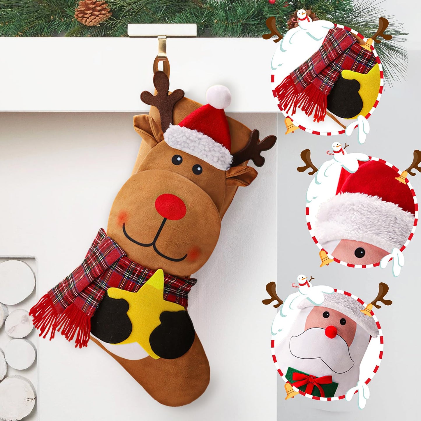 EverMerry 3 PCS 18" Christmas Stocking, Large Xmas Christmas Stockings Santa, Snowman, Reindeer Character for Holiday Party Fireplace Home Decorations