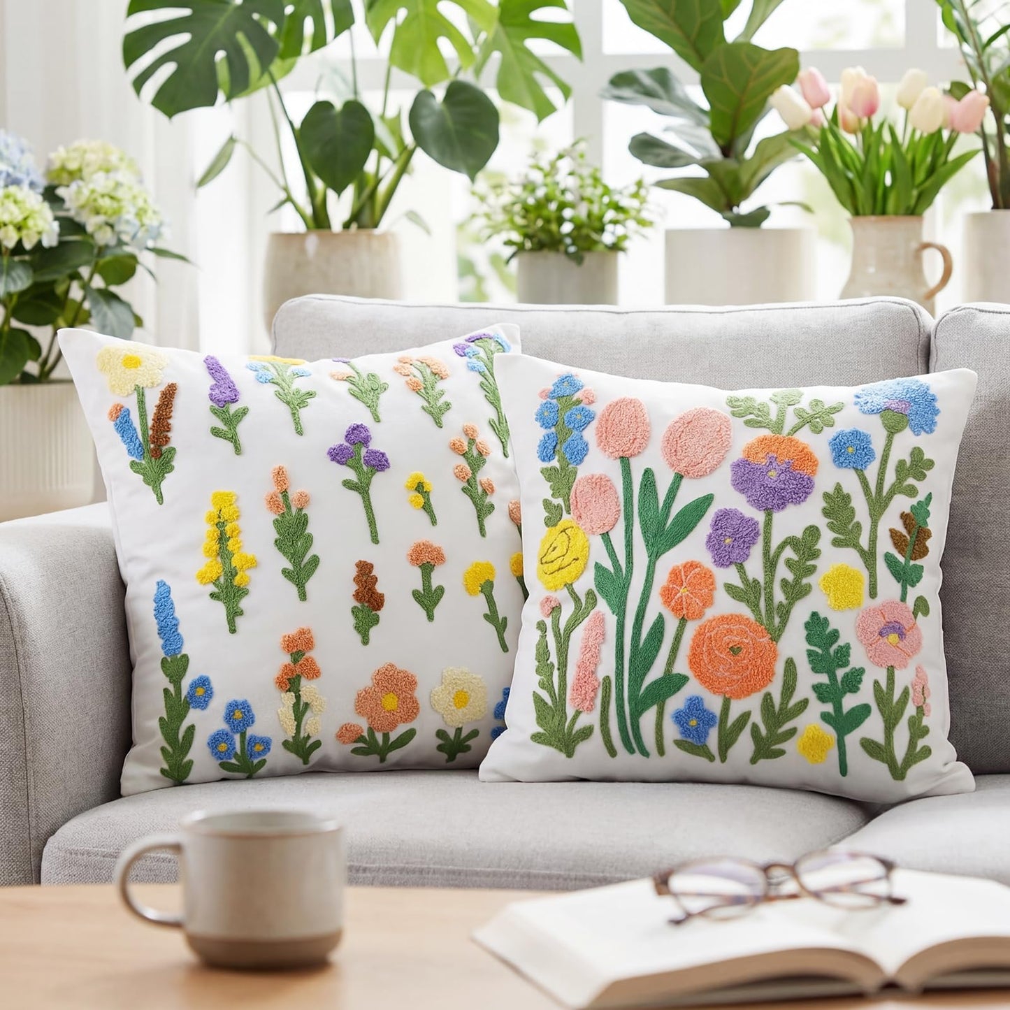 Gilprop 2 Pcs Embroidered Throw Pillow Covers Boho Square Pillow Covers Floral Spring Leaf Plant Cushion Cases for Bed Couch Sofa Bedroom Living Room Home Decor(Flowers,18 x 18 Inches)