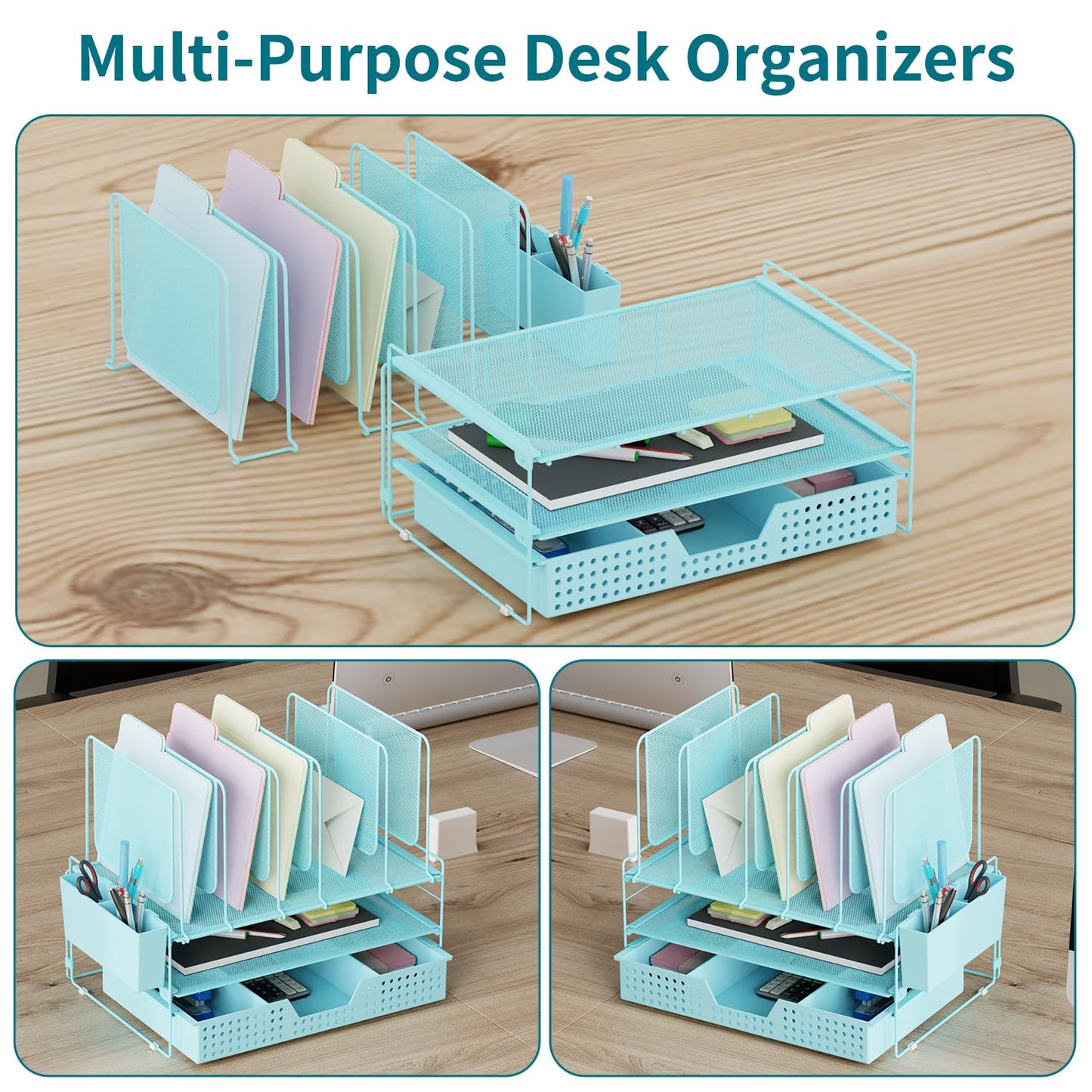 LEKETREE Teal Desk Organizer, Office Organization with Vertical File Holder, File Organizer with Drawer and Pen Holder, Desk Accessories and Workspace Organizers for Home Office (Sky Blue)