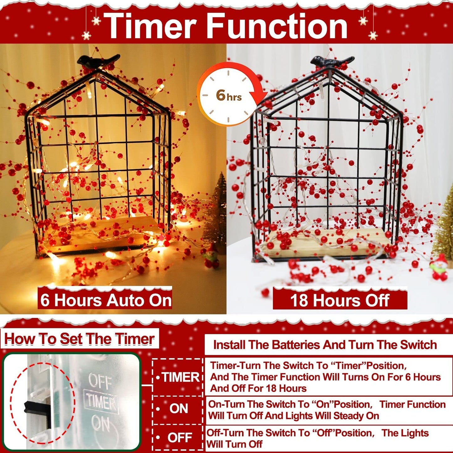 TURNMEON 10 Ft 30 LED Red Christmas Garland with Lights Timer Beaded Garland Christmas Lights Battery Operated Festive Lighted Xmas Garland Christmas Decor for Home Mantle Fireplace Table Party Decor