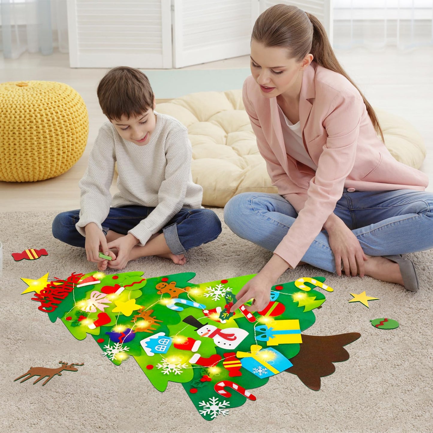 EMPOF Felt Christmas Tree for Toddlers - 3.3ft Felt DIY Tree Set for Kids Wall with Snowflake Lights + 32 Ornaments, Indoor Christmas Home Wall Hanging Decor Decorations, Xmas Activities Gifts