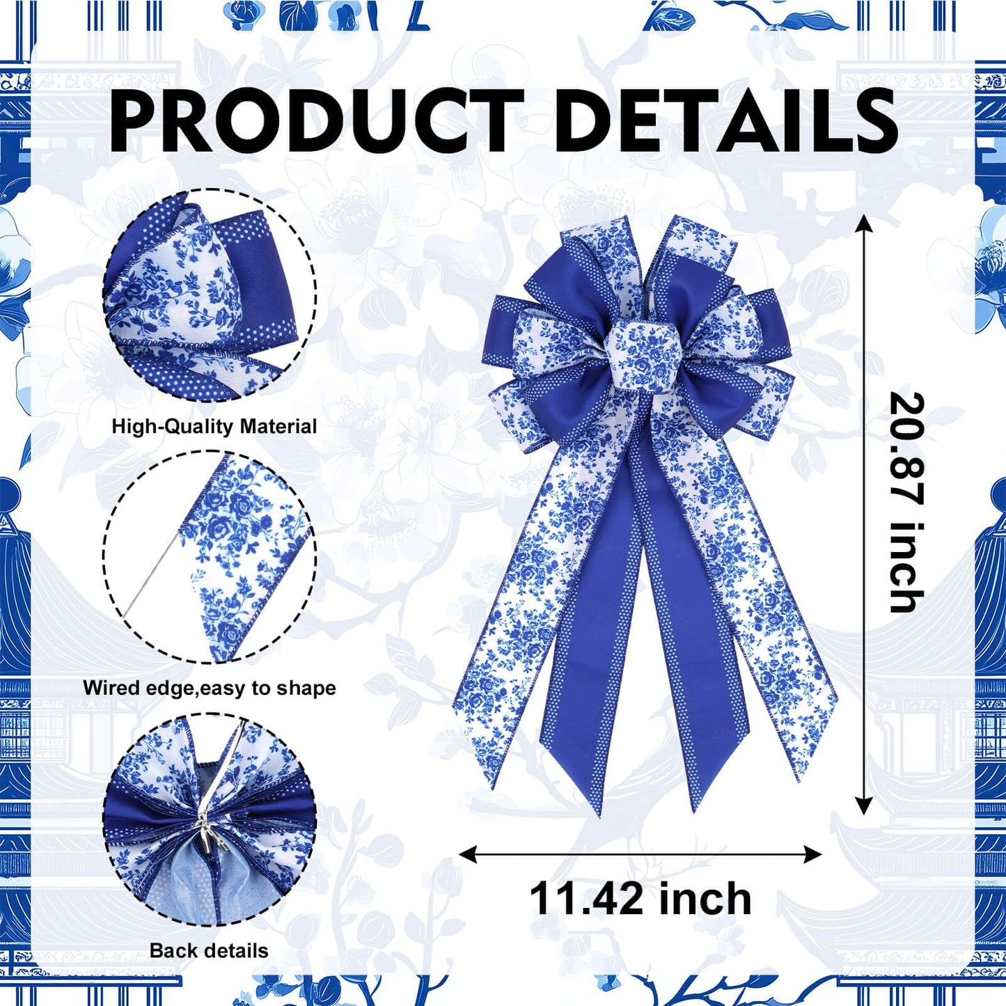 Kutyndrix Blue Chinoiserie Wreath Bow, 21 Inch Large Spring Floral Wired Ribbon for Front Door, Grandmillennial Wedding Lantern Decor