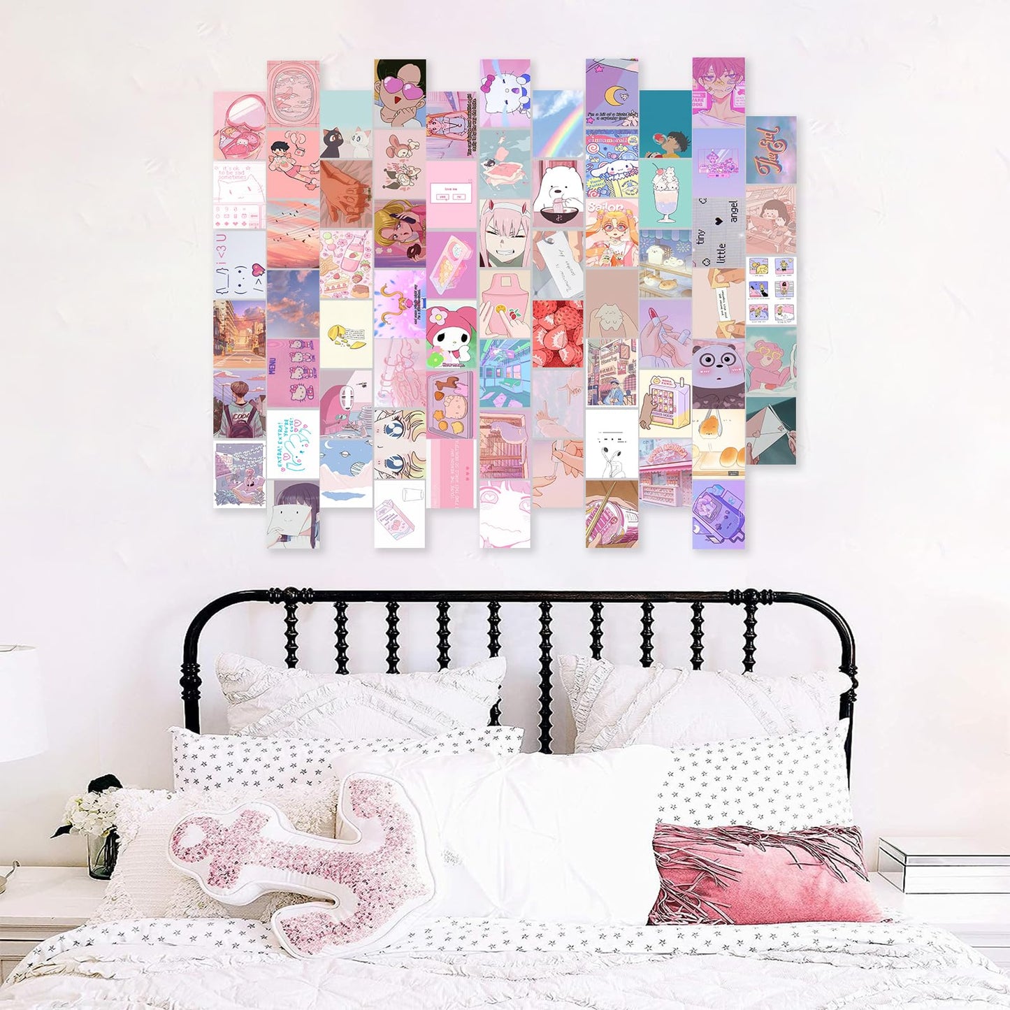 KBKBART Anime Aesthetic Wall Collage Kit, 70pcs Kawaii Room Decor, Pink Cartoon Assembled Print Card Set, Anime Photo Wall Collage Posters for Room Aesthetic, Cute Danish Pastel Wall Art 4x6 for