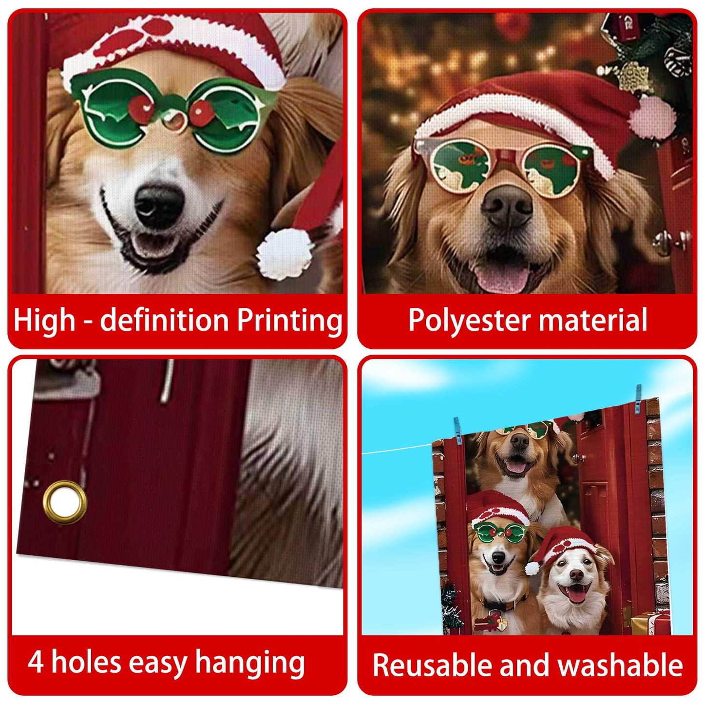 Christmas Door Cover Cute Santa Dogs Front Door Covers Decoration 71x36 Inch, Merry Christmas Banner for Holiday Parties, Winter Xmas Decor with Fabric, Festive Backdrop for Home & Office