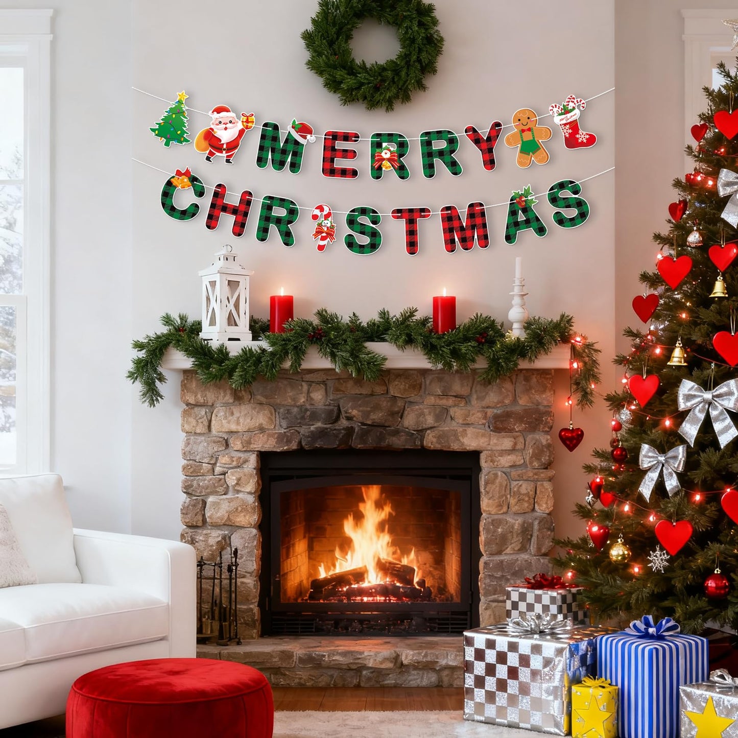 Merry Christmas Banner,Pre-Strung Red Green Buffalo Plaid Christmas Banner, Gingerbread Xmas Tree Garland Sign for Christmas Party Decorations,Indoor,Home, Office,Fireplace,Wall,Windows,Holiday Decor