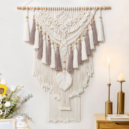 Dremisland Large Macrame Wall Hanging Woven Tapestry Beige Dusty Rose Handmade Tapestry Boho Chic Decor Large Wall Art for Home Apartment Living Room Bedroom Nursery Backdrop 37"x27.6" (Beige)