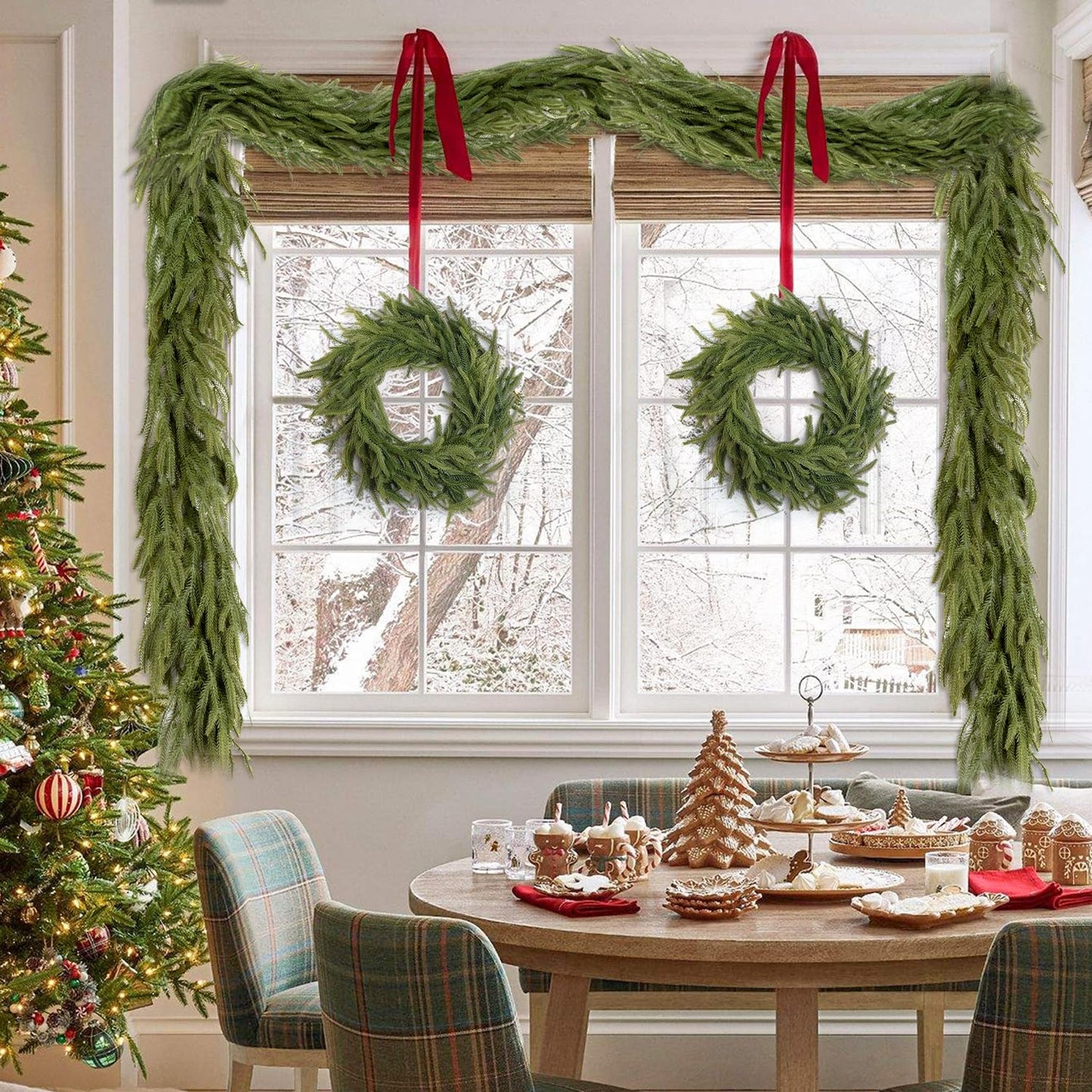 Findosom 6Ft Christmas Norfolk Pine Garland, Real Touch Artificial Winter Green Pine Garland for Mantle, Wall, Fireplace, Stairs, Table, Indoor & Outdoor Christmas Decorations