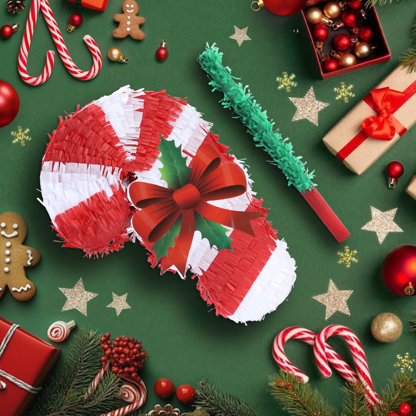 Birchio Christmas Candy Cane Pinatas Bundle with a Blindfold and Bat (Small Size 17x11x4 Inches), Holiday Theme Piñata, Christmas Party Supplies, Xmas Piñata, Party Decoration Games