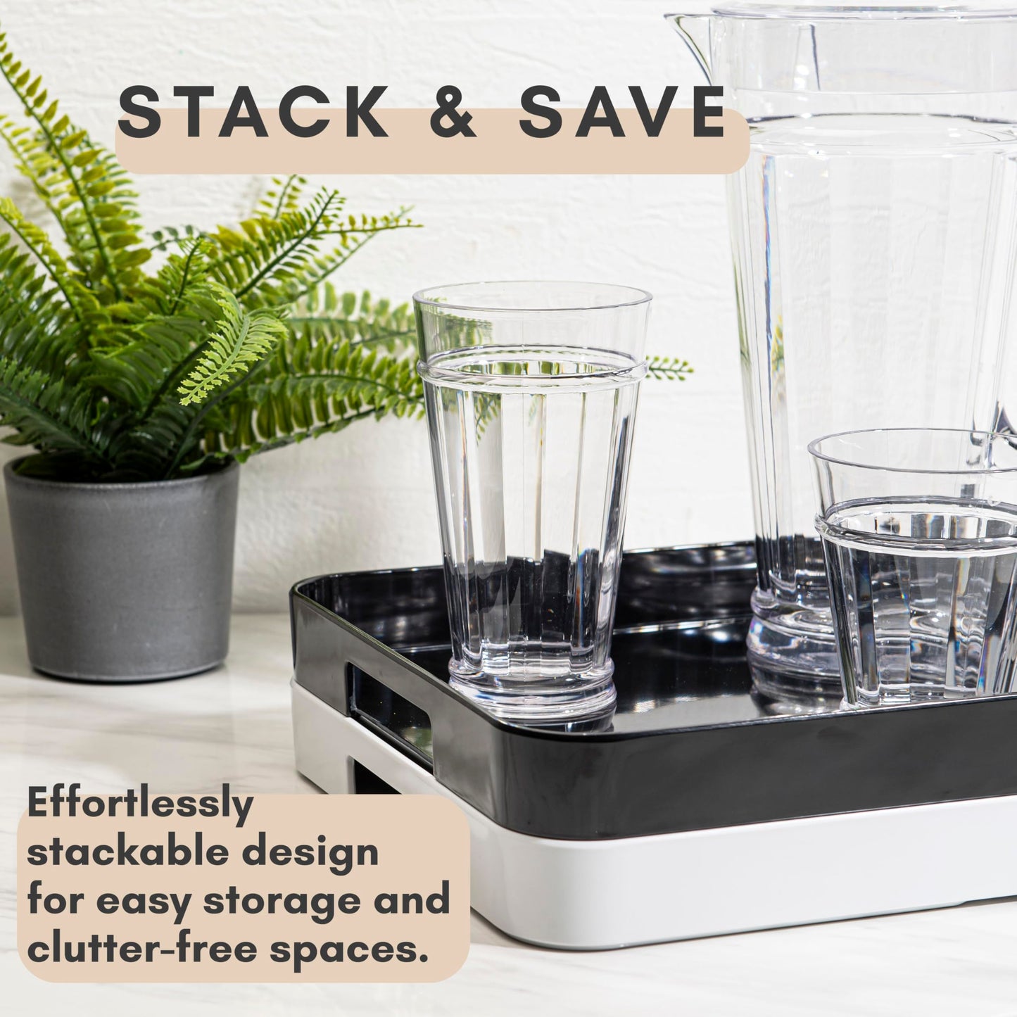 Bzyoo 11.5 x 16 Inch Large Rectangle Stackable Melamine Serving Tray with Handles – Minimalist Design, Multi-Purpose and Durable, BPA Free– Perfect for Kitchen, Dining, and Entertaining - White