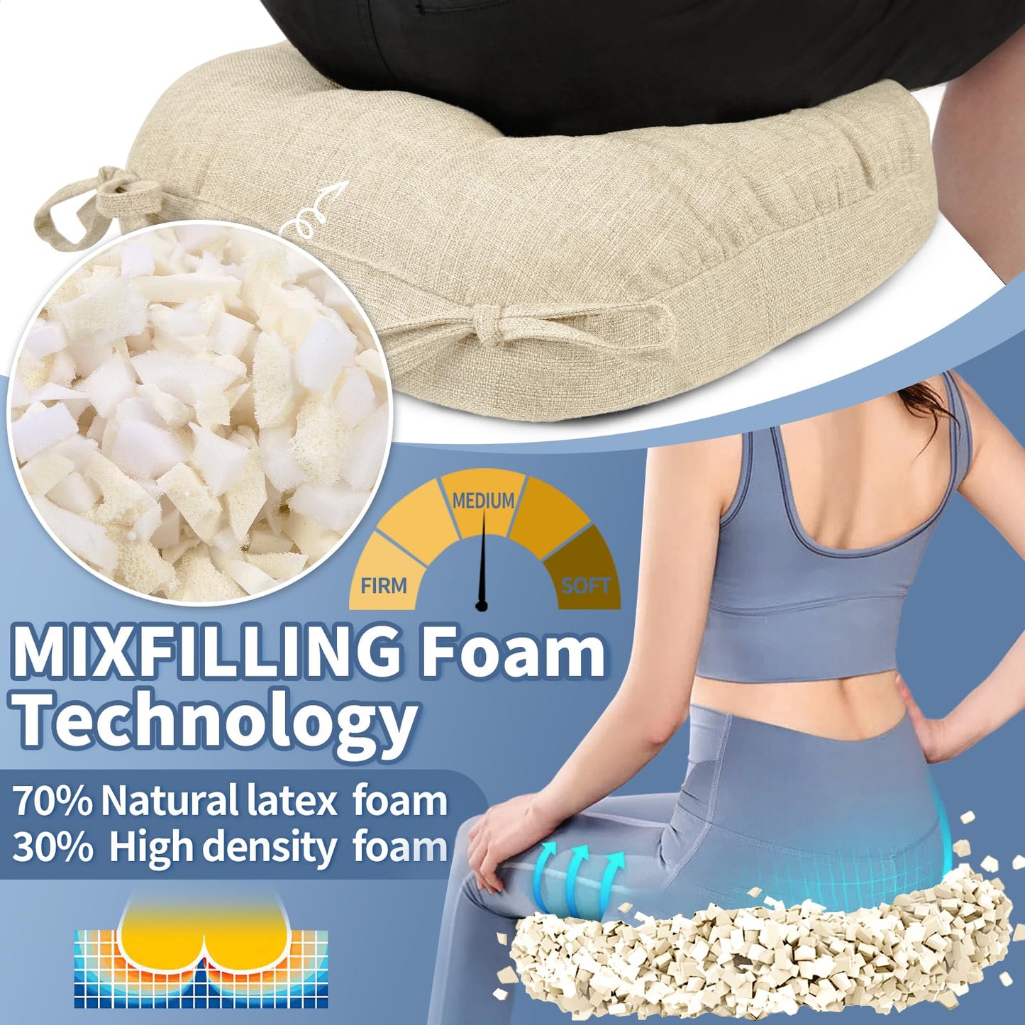 BUYUE Double-Layer Thickened Chair Cushion for Dining Chair, Natural Latex Foam Support, 2-Faced Reversible Kitchen Seat Cushion, Practical Non-Slip Chair Pad, 1 PC, Beige