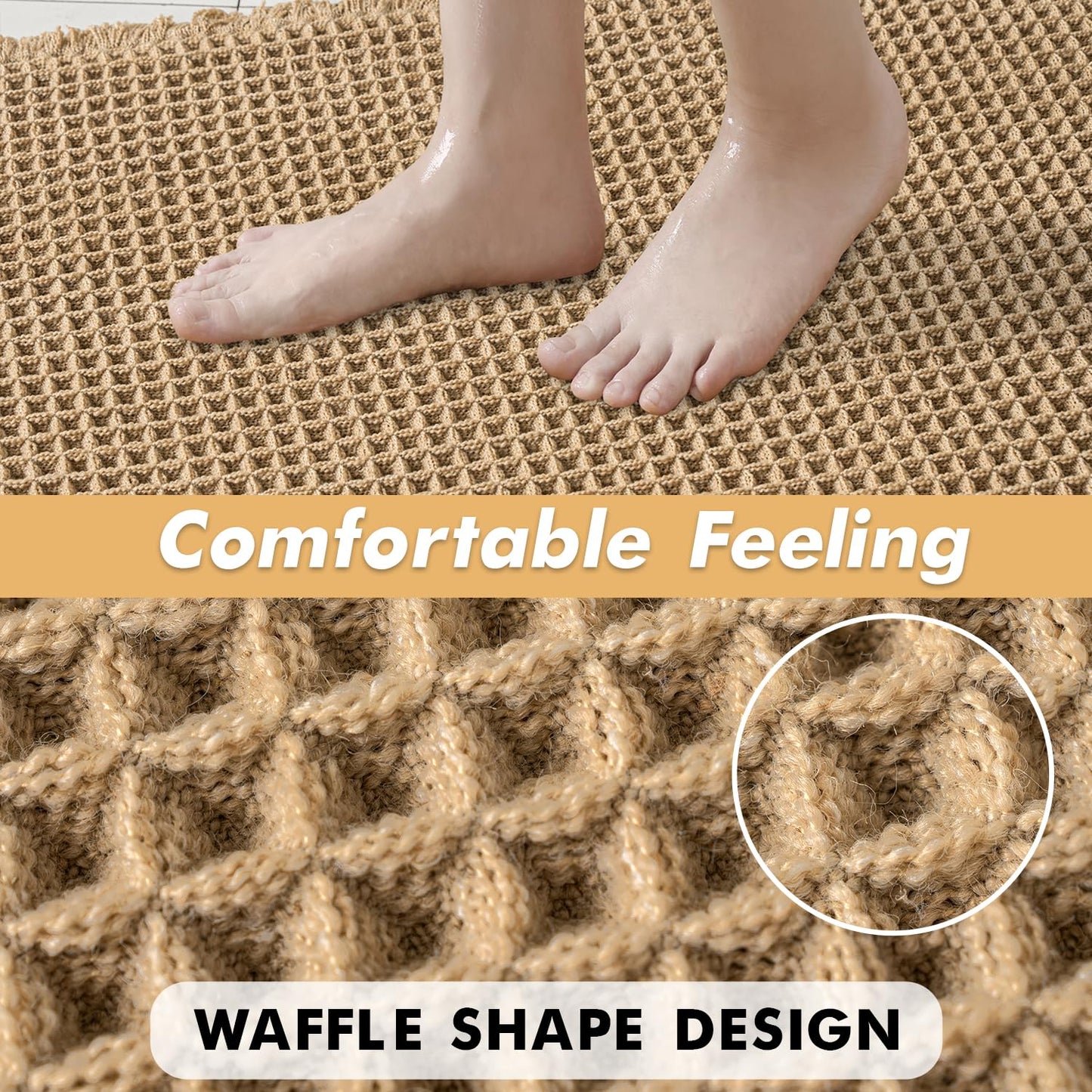 MIULEE Set of 2 Waffle Bathroom Rugs, Boho Bath Rugs Non Slip Washable, Super Absorbent Bath Mats, Ultra Soft Rubber Backed Shower Mats for Bathroom Floor, Tub and Shower, Brown, 18x30 Inch