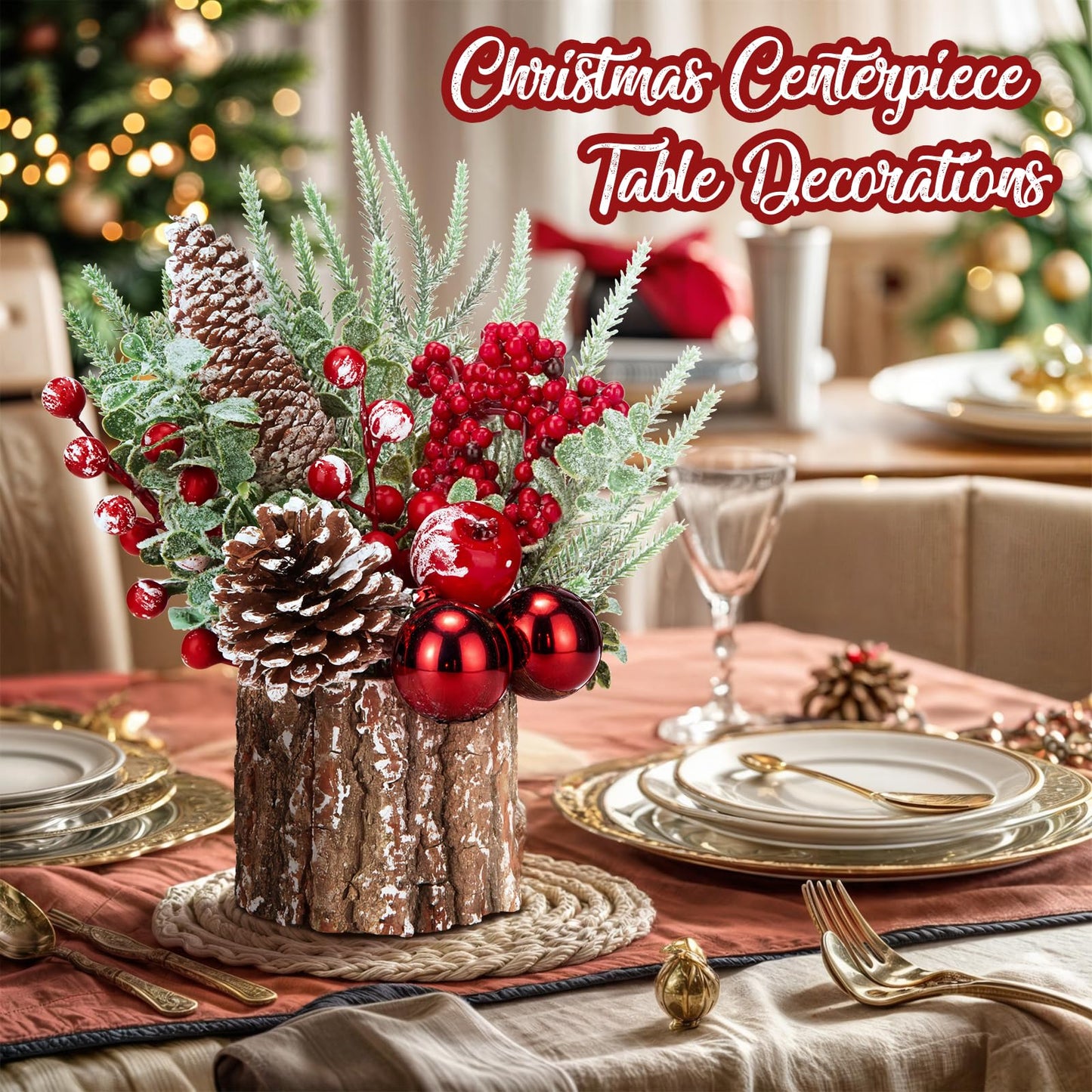 Christmas Decorations Indoor, Christmas Centerpiece Table Decorations, Small Artificial Tabletop/Desk Christmas Tree with Xmas Ornaments Pinecone Berry for Home Farmhouse Mantle Décor (Red)